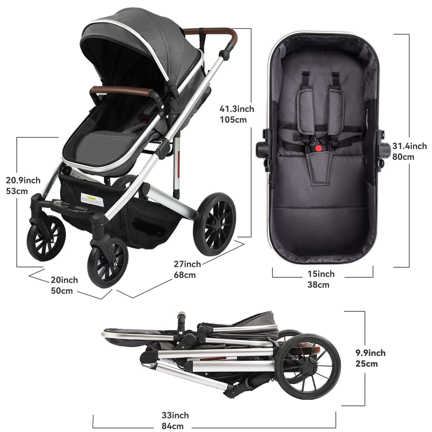 Baby Stroller - 2 in 1 High Landscape Convertible Stroller with Reversible Seat | Foldable Aluminum Alloy Pram Anti-Shock Toddler Pushchair Strollers for 0-36 Months Babies