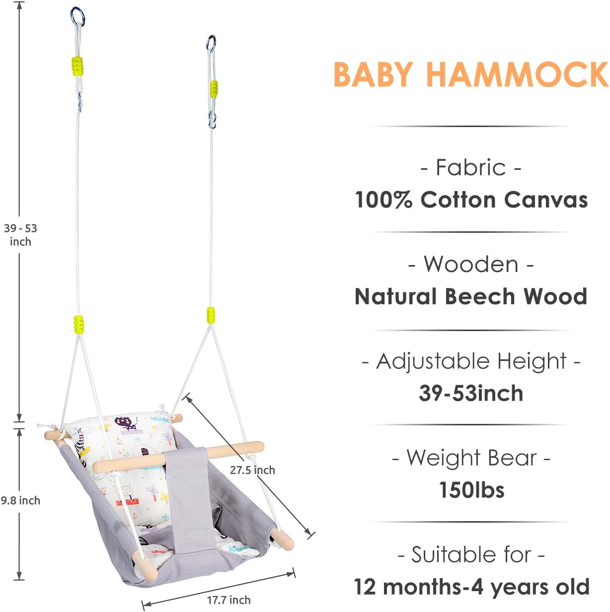 Baby Swing for Baby and Toddler, Canvas Baby Hammock Swing Indoor and Outdoor with Safety Belt and Mounting Hardware, Wooden Hanging Swing Seat Chair for Baby up to 4 Year - Little Cloud