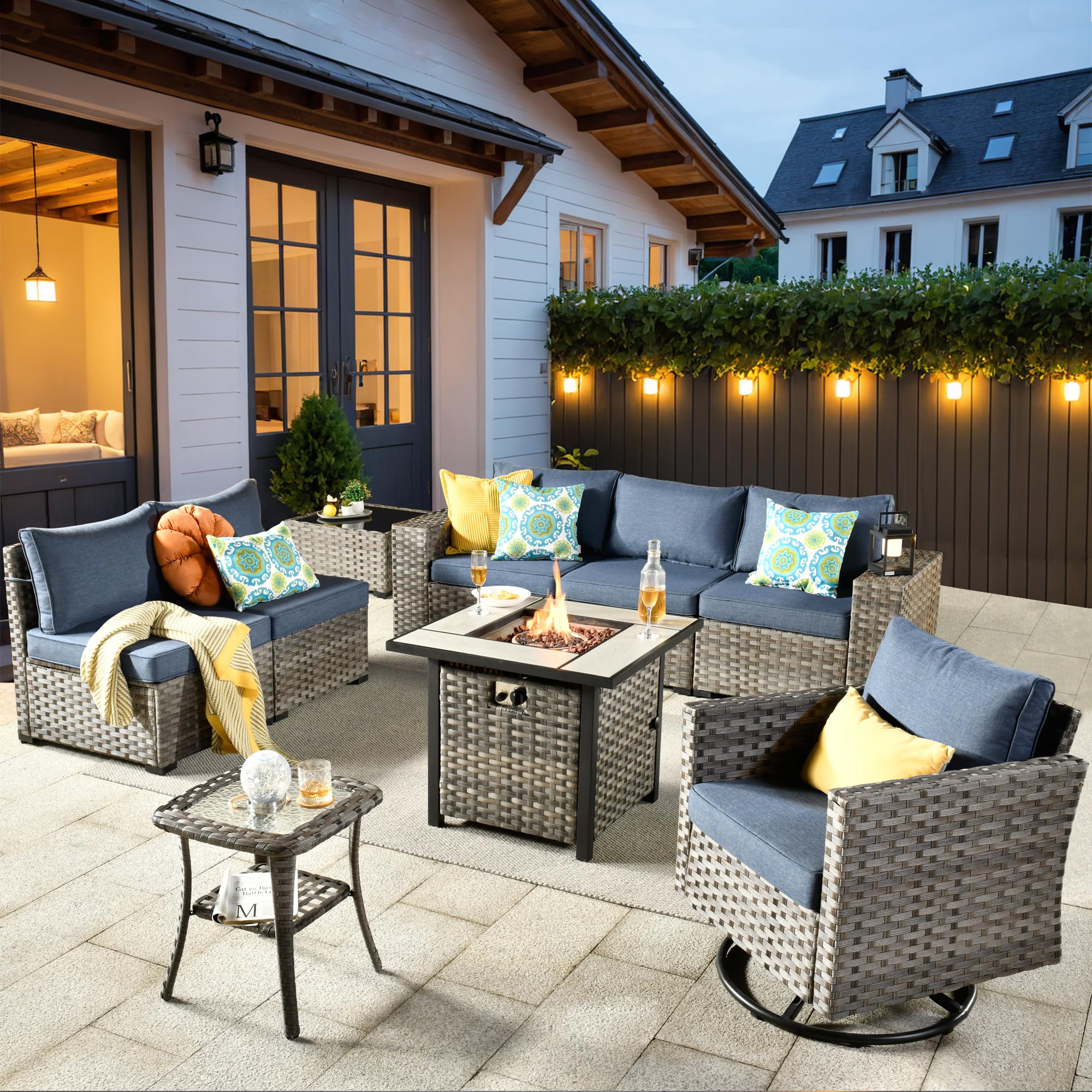 Ovios 9 Pieces Patio Furniture Set, Outdoor Sectional Sofa with Swivel Rocking Chair, 30