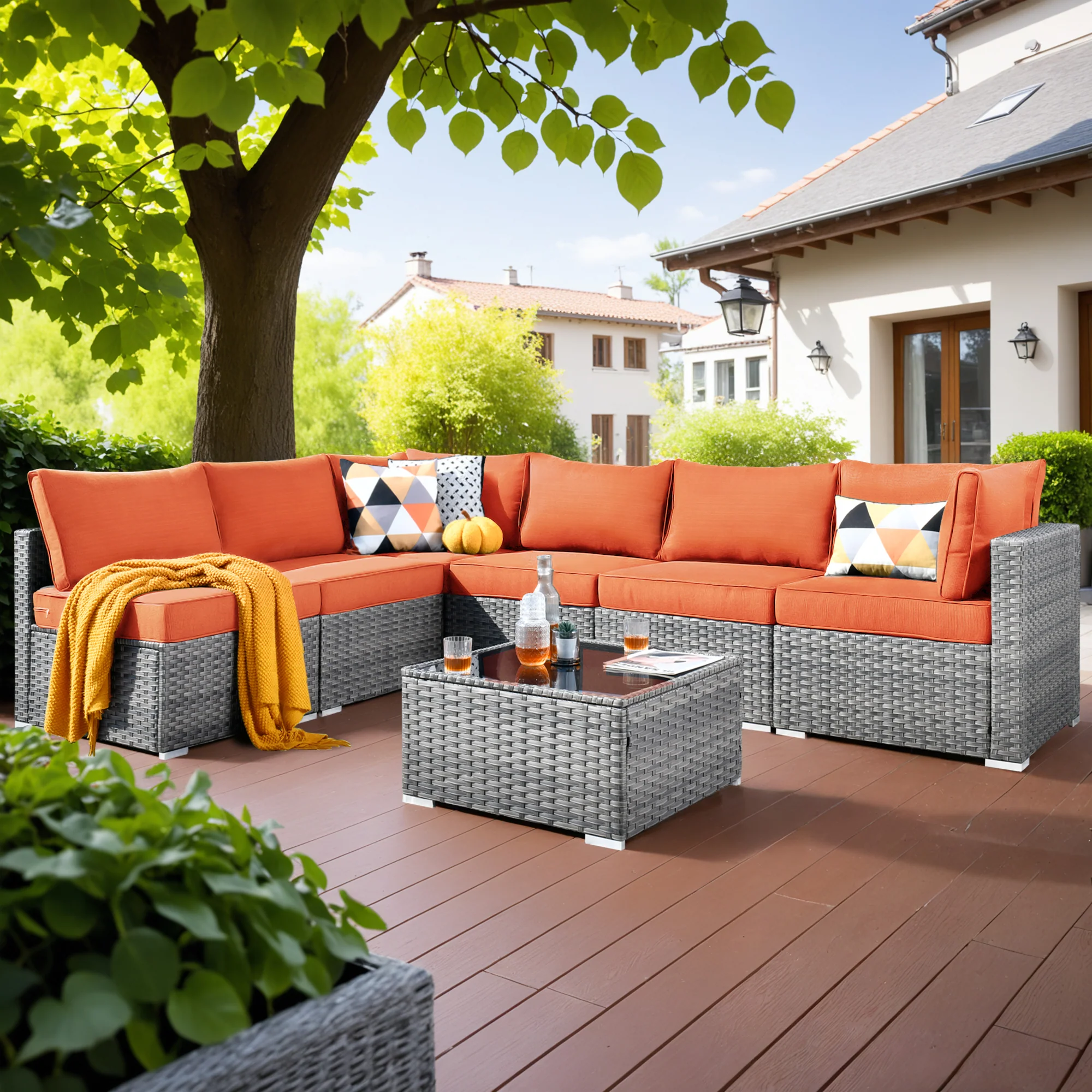 Ovios Outdoor Sectional Furniture 7-Piece with Cushions and Table