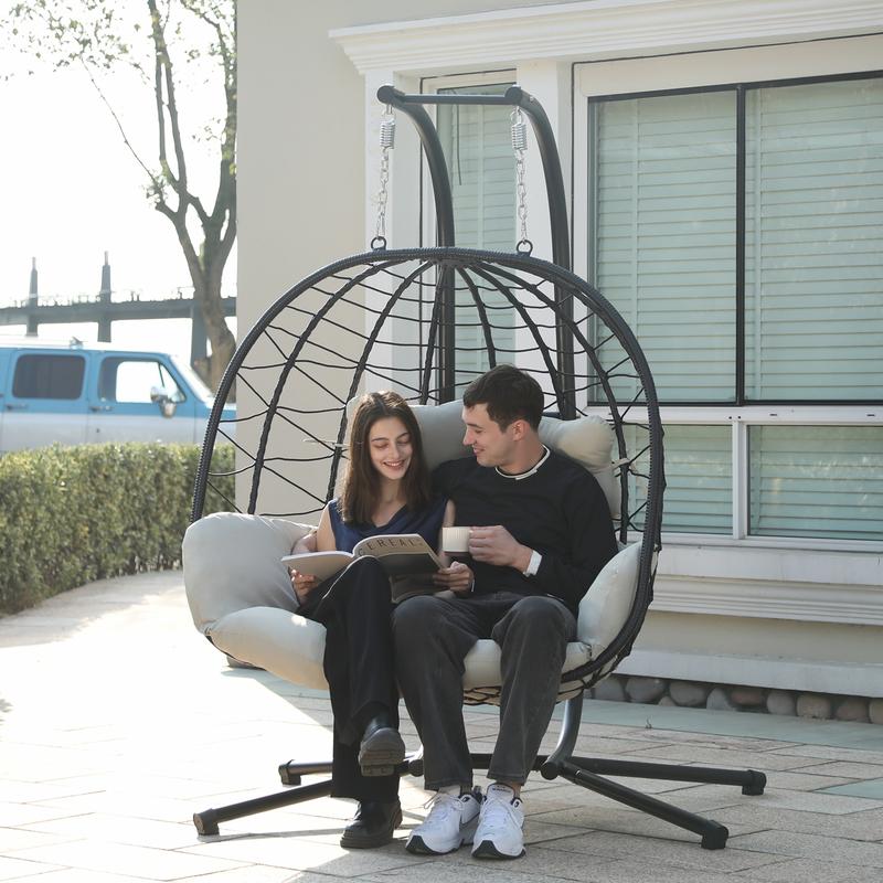 RIWENGO Double Hanging Egg Chair with Weather-Resistant Cushion, 700lbs Capacity - Foldable Patio Swing Chair with Handwoven PE Wicker & Rust-Proof Frame, for Garden, Porch, Backyard