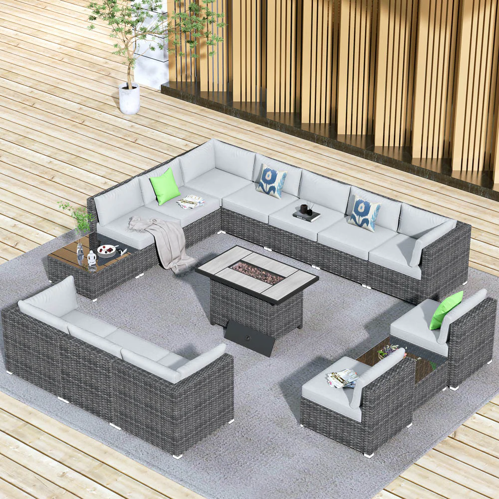 Ovios Patio Furniture Set 15-Piece with 42.12'' Fire Pit and Glass Table