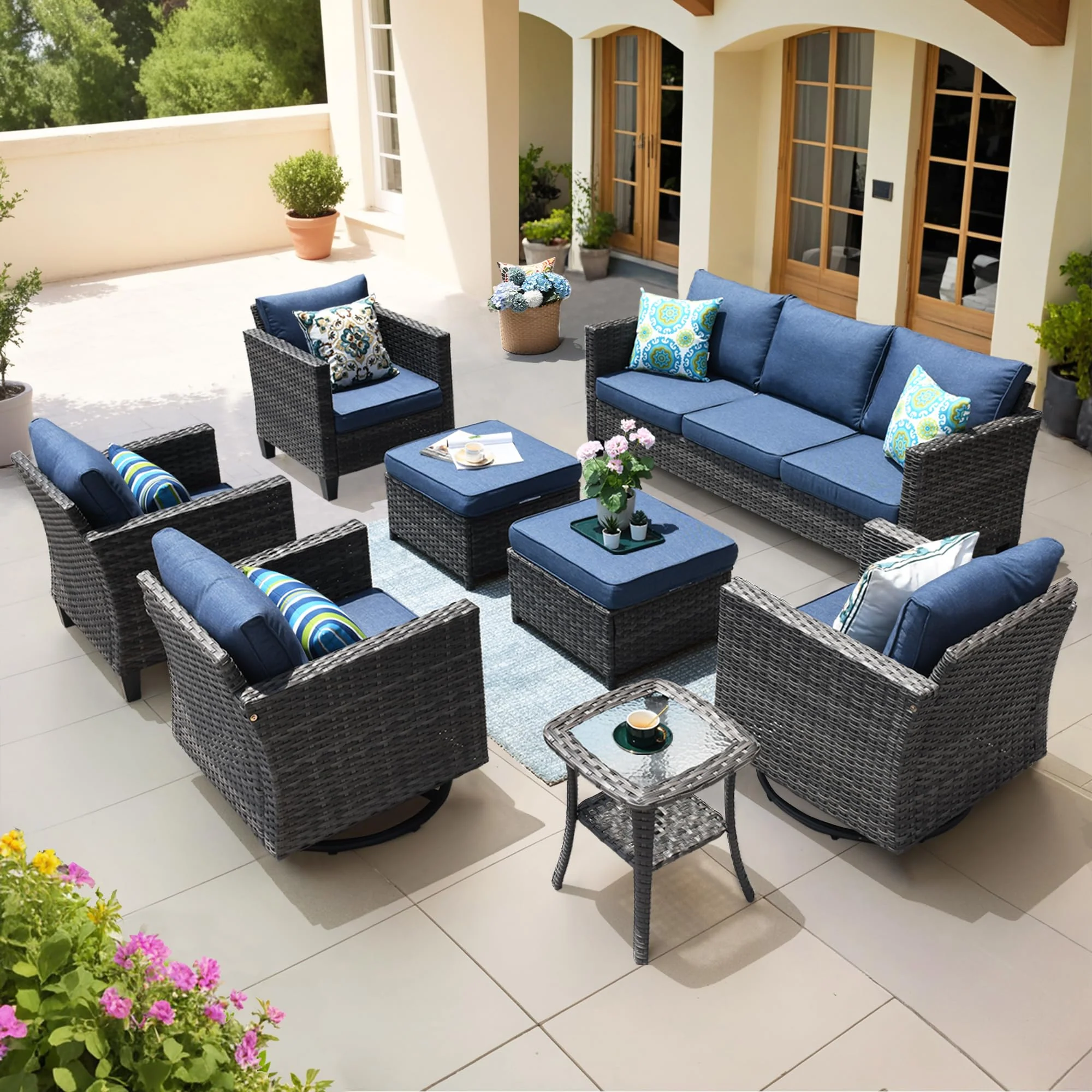 Ovios Patio Conversation Set 8-Piece with Swivel Rocking Chairs and Table