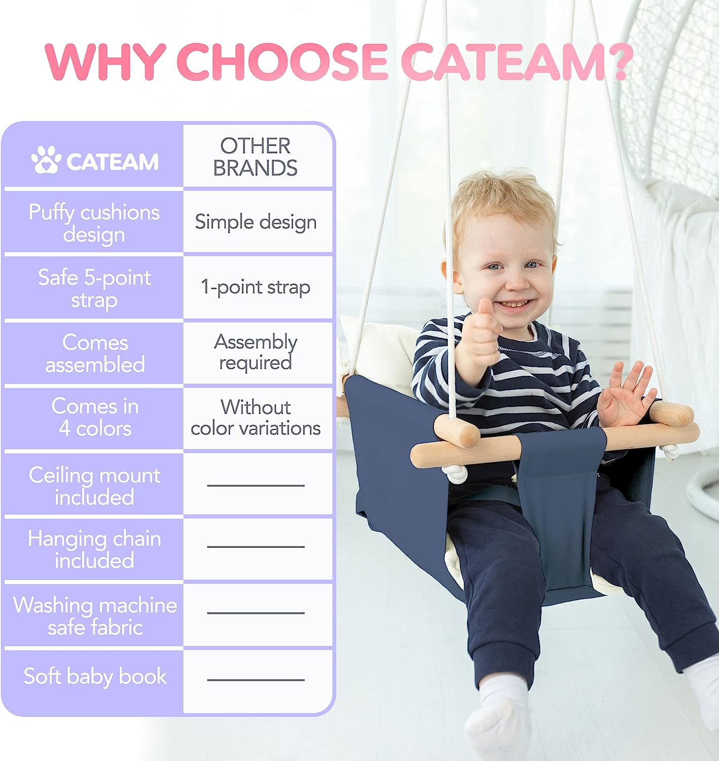 Canvas Baby Swing, Wooden Hanging Swing Seat Chair with Safety Belt, Durable Baby Hammock Chair, Outdoor and Indoor Swing for Kids, Mounting Hardware Included, Ivory