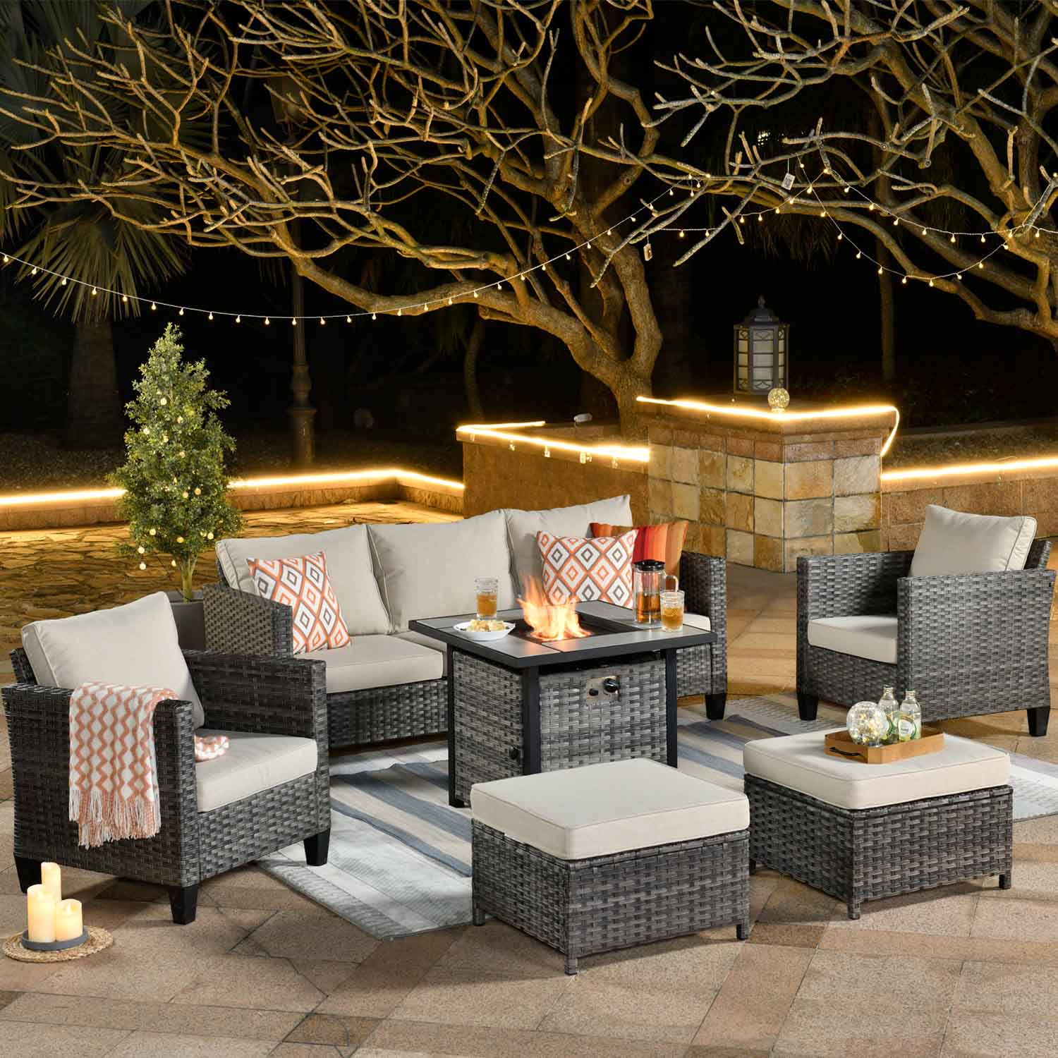 Ovios Patio Conversation Set 6-Piece with 30'' Fire Pit Table and Vultros Set