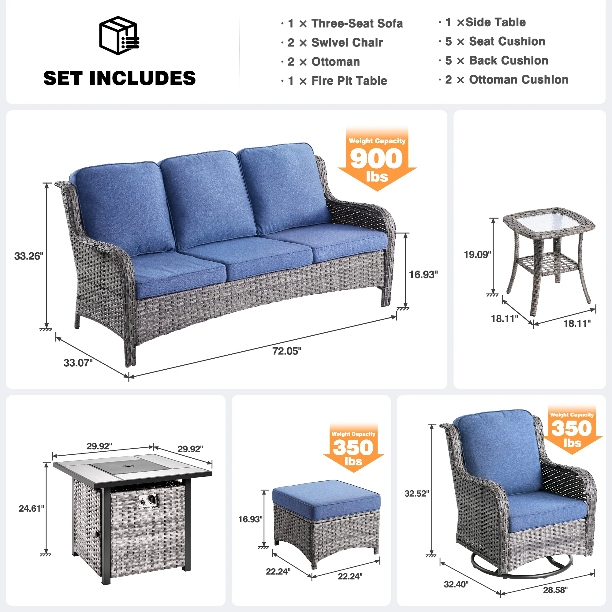 Ovios Outdoor Furniture 7-Piece with 30'' Fire Pit Table and Kenard 2 Rocking Chairs