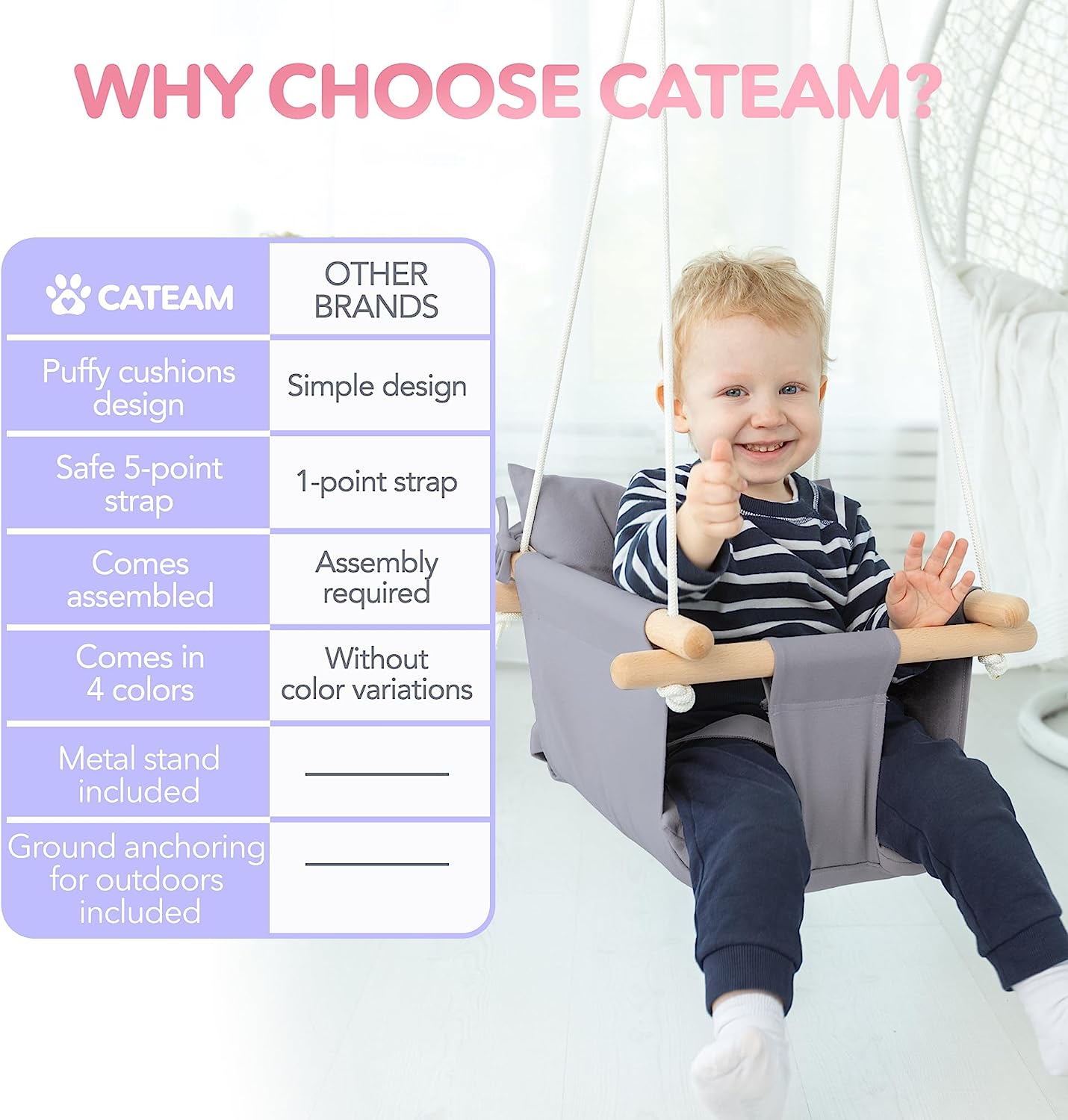 Canvas Baby Swing, Wooden Hanging Swing Seat Chair with Safety Belt, Durable Baby Hammock Chair, Outdoor and Indoor Swing for Kids, Mounting Hardware Included, Ivory