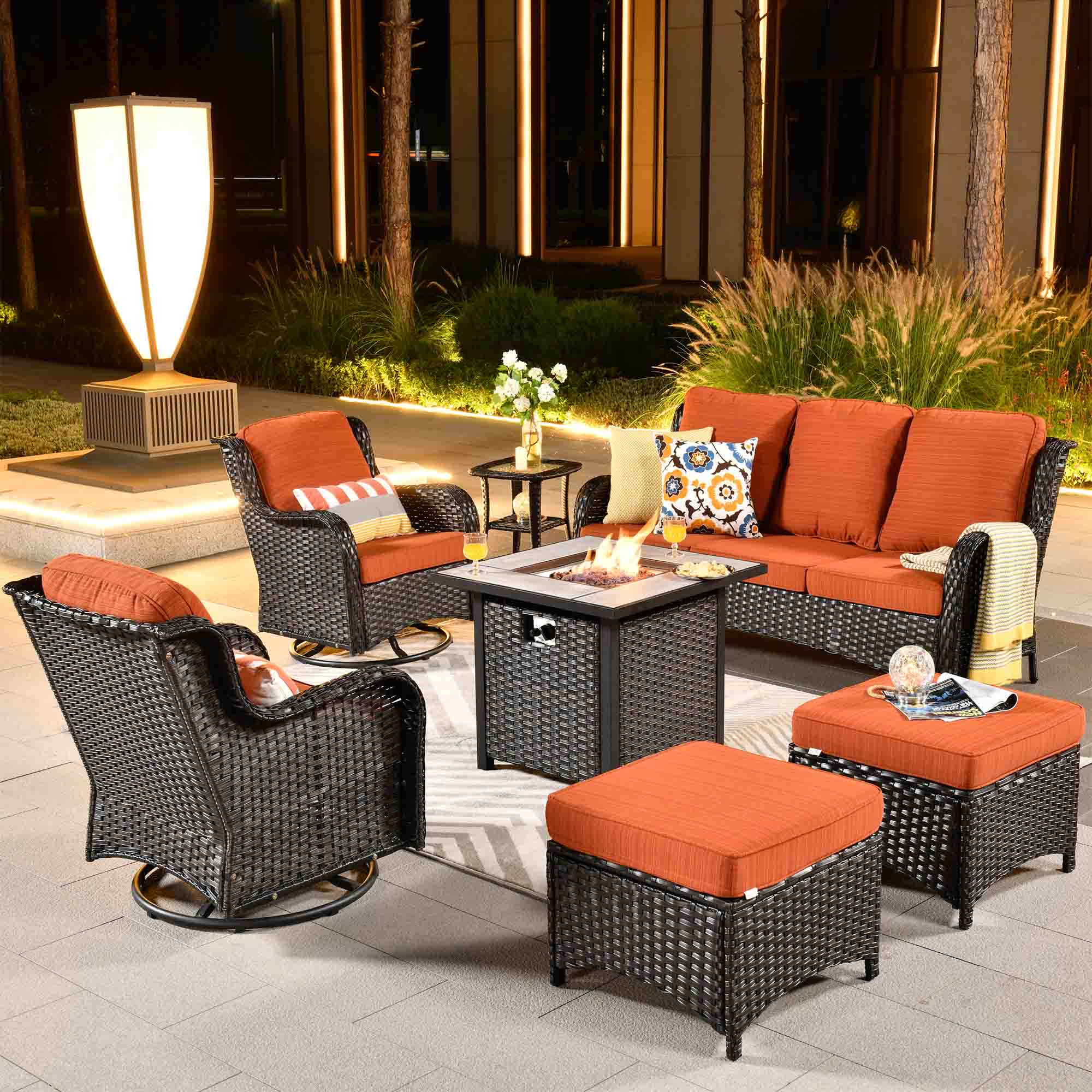 Ovios Outdoor Furniture 7-Piece with 30'' Fire Pit Table and Kenard 2 Rocking Chairs