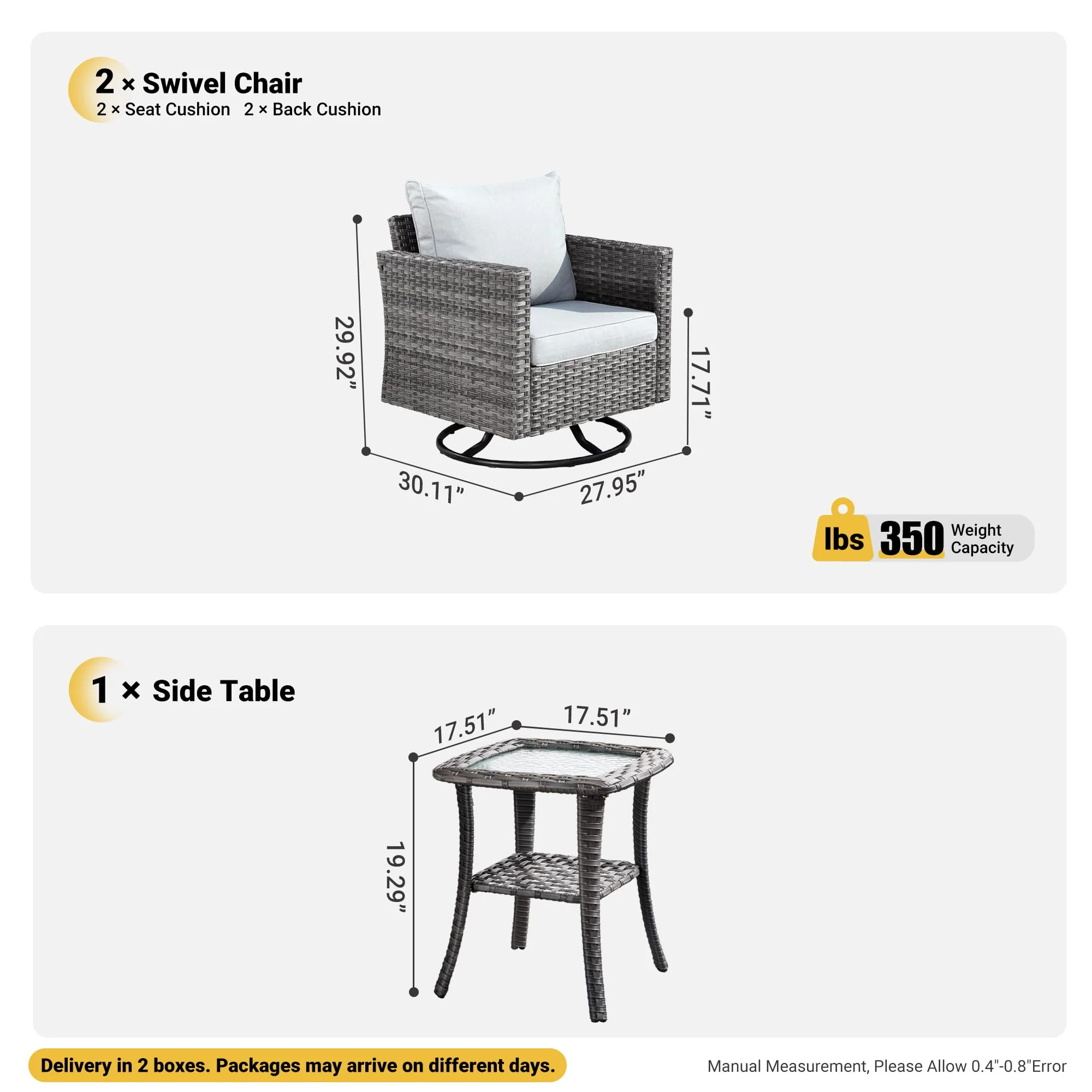 Ovios Patio Furniture 3-Piece Set with Swivel Chairs and Table Square Shape Armrest