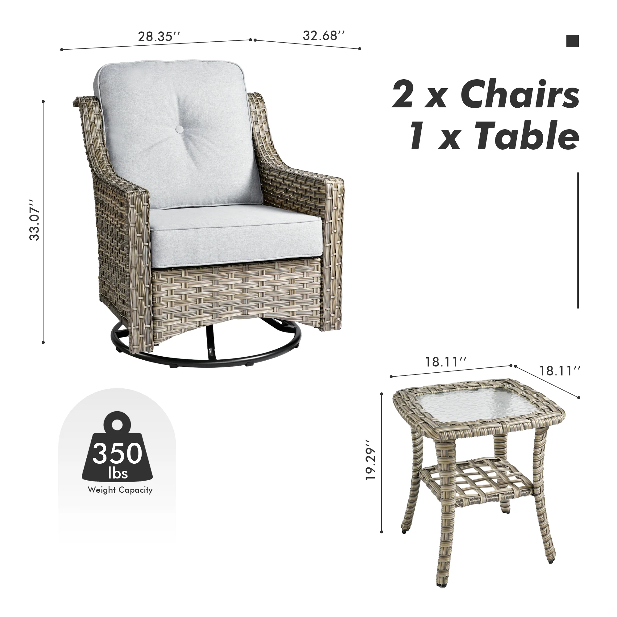 Ovios Conversation Set 3-Piece PAD Series,Swivel Chair