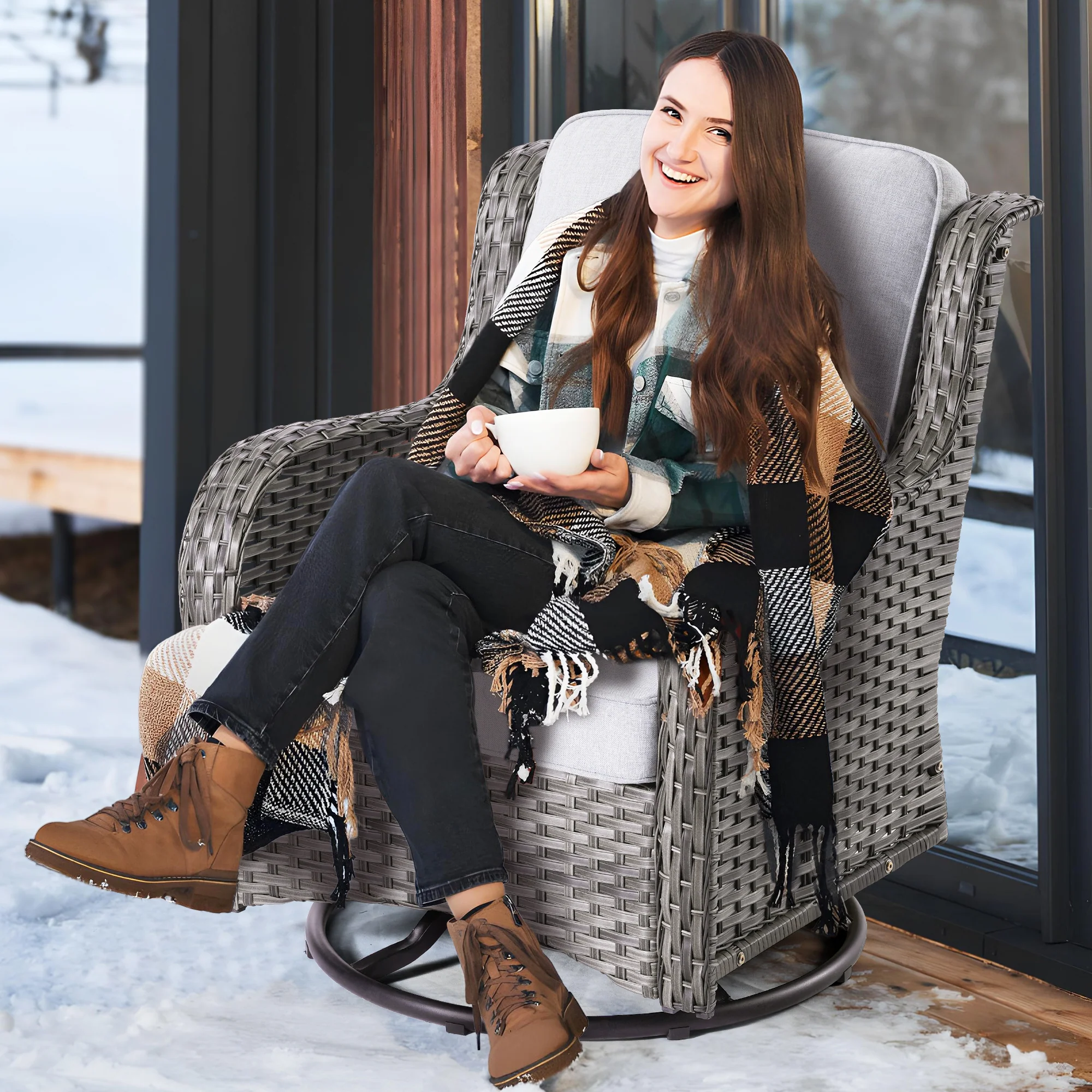 Ovios Patio 7-Piece Conversation Set with 42'' Rectangle Propane Fire Pit Table and Rocking Chairs Kenard