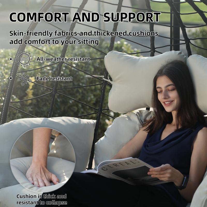 RIWENGO Double Hanging Egg Chair with Weather-Resistant Cushion, 700lbs Capacity - Foldable Patio Swing Chair with Handwoven PE Wicker & Rust-Proof Frame, for Garden, Porch, Backyard