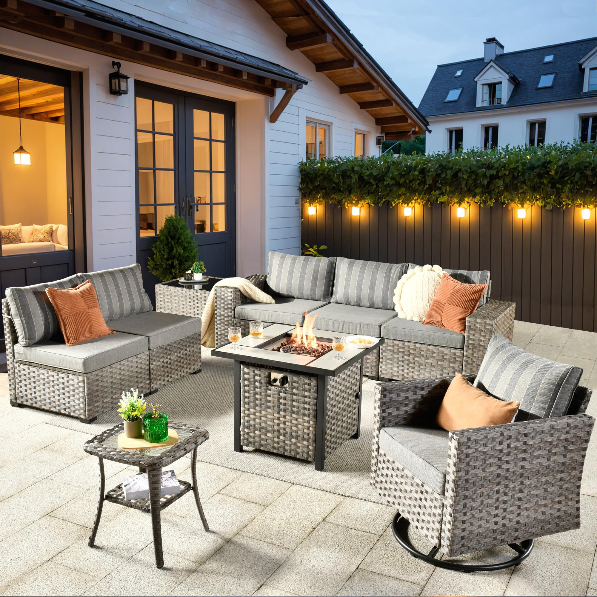 Ovios 9 Pieces Patio Furniture Set, Outdoor Sectional Sofa with Swivel Rocking Chair, 30