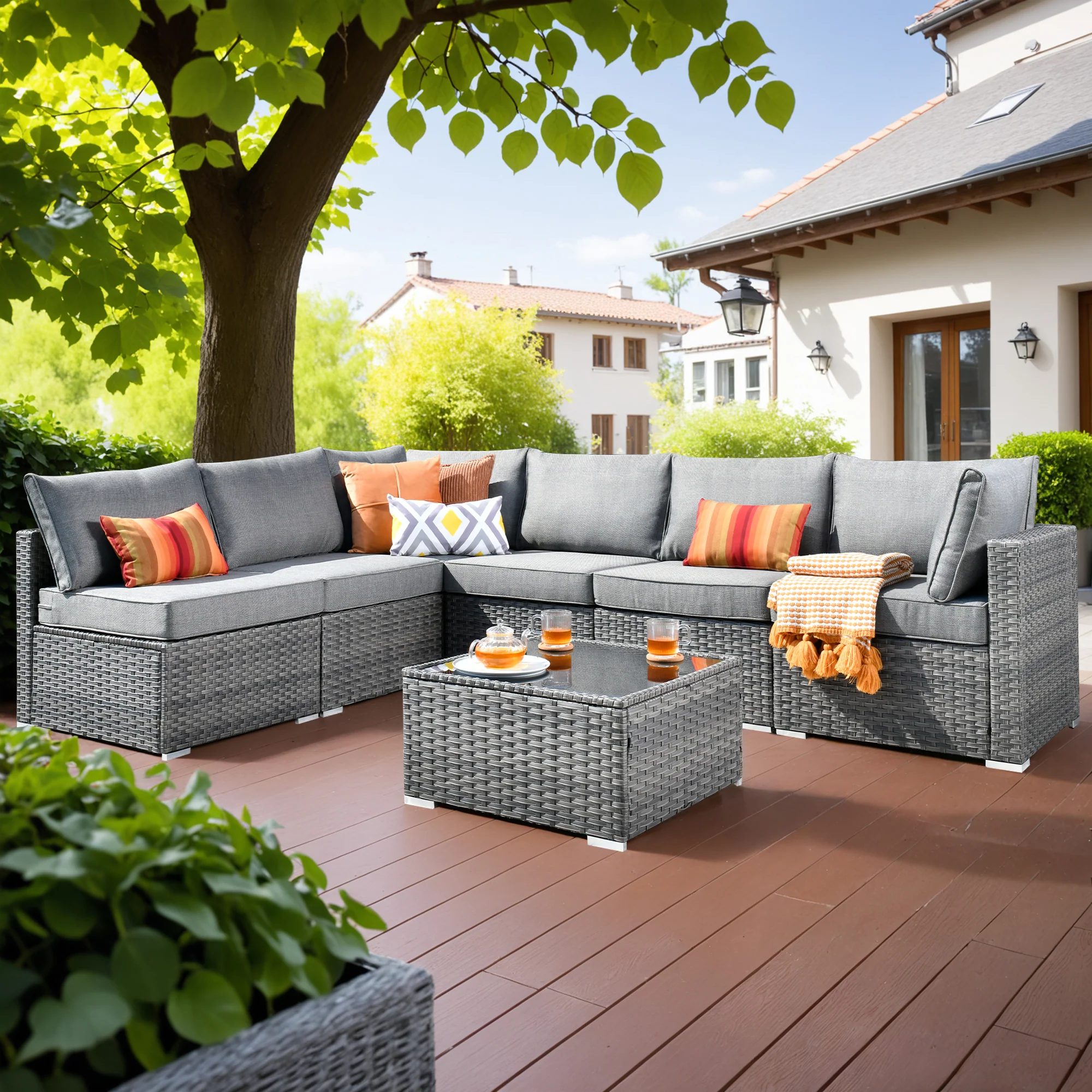Ovios Outdoor Sectional Furniture 7-Piece with Cushions and Table