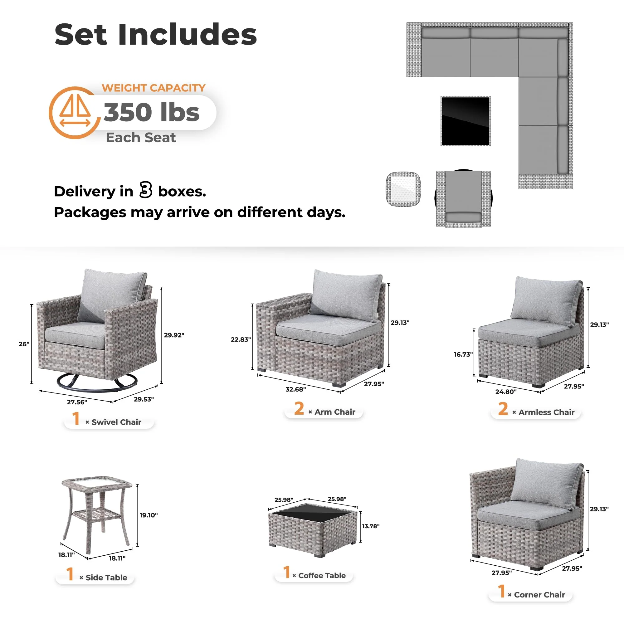 Ovios 8 Pieces Patio Furniture Set, Outdoor Sectional Sofa with Swivel Rocking Chair