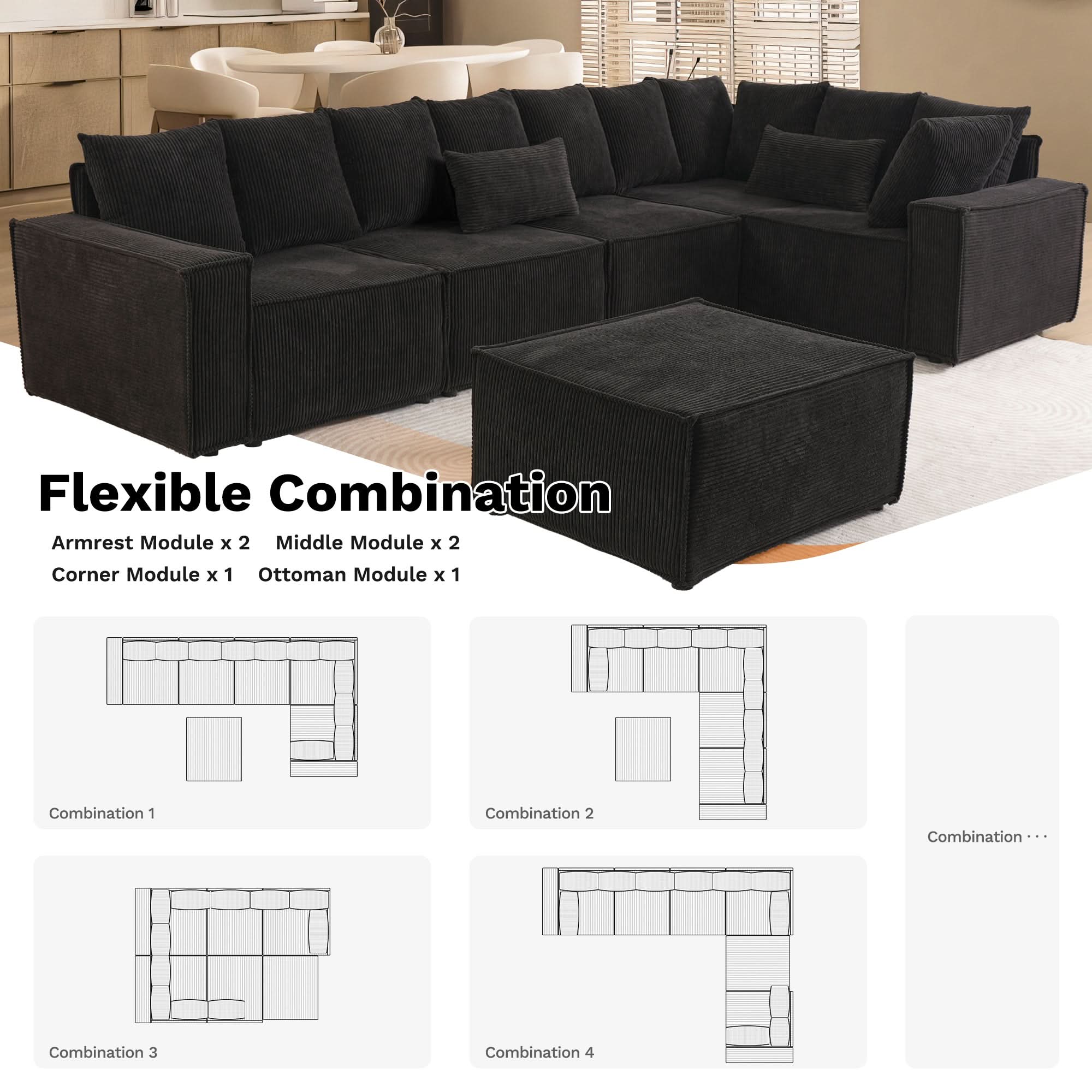 Ovios Living Room Modular Couch 6-Pieces Set, Wide Armrests