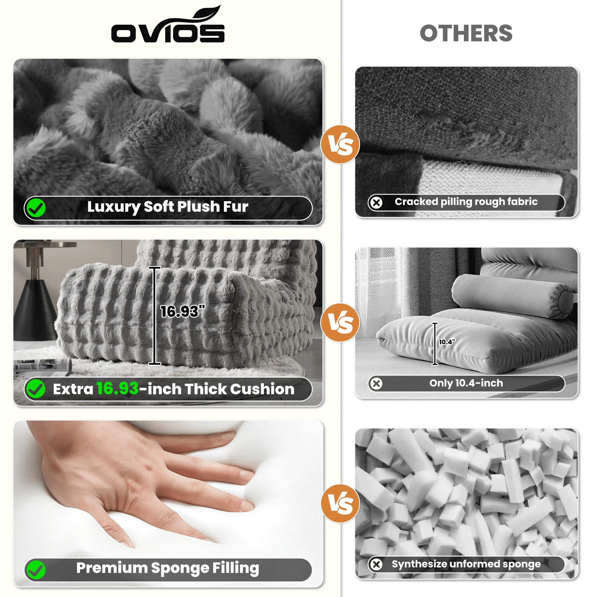 OVIOS Luxurious Fluffy Faux Fur Bean Bag Couch