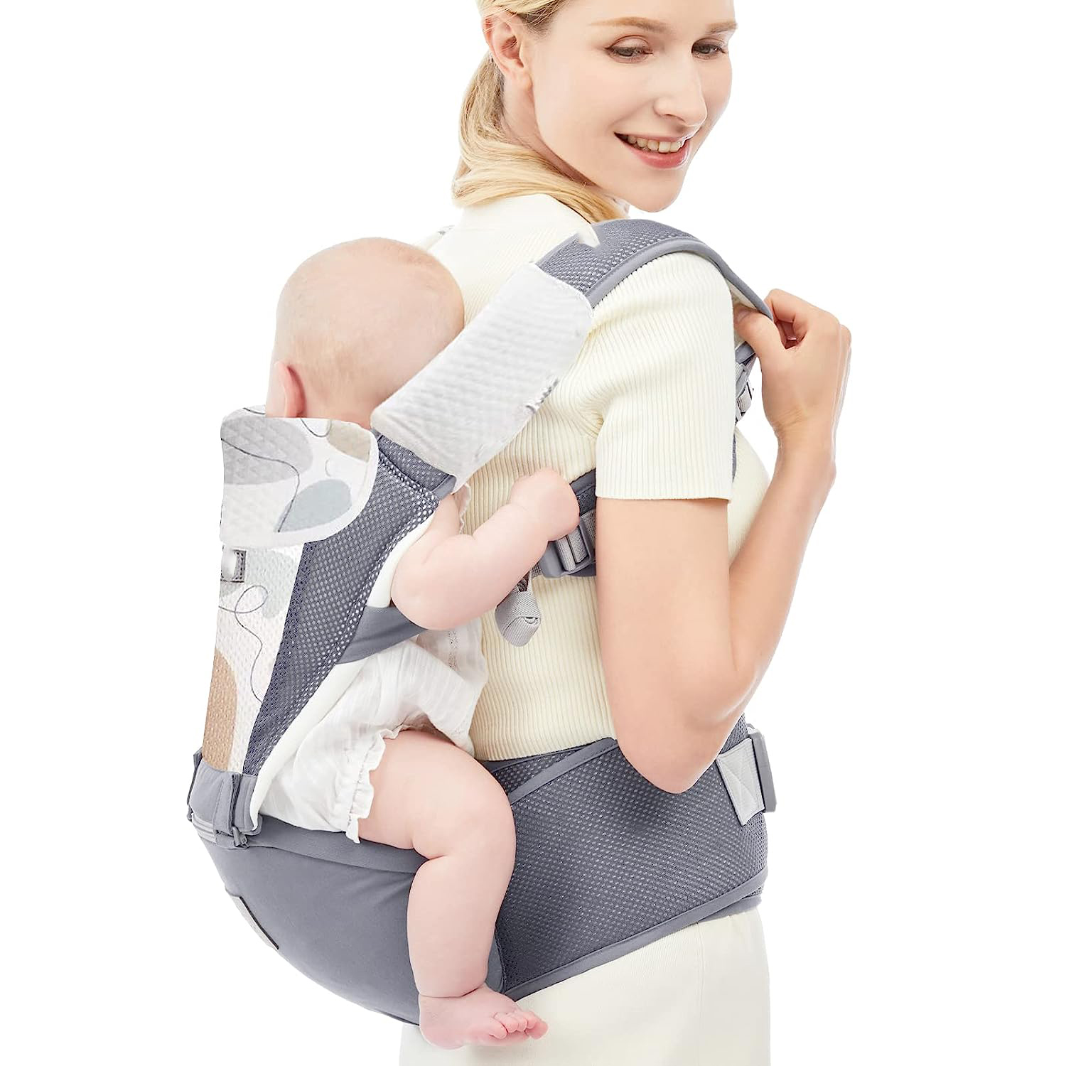 Baby Carrier Newborn to Toddler Baby Hip Carrier with Head Hood,Waist Extender & 3 Pieces Teething Pads (Grey)