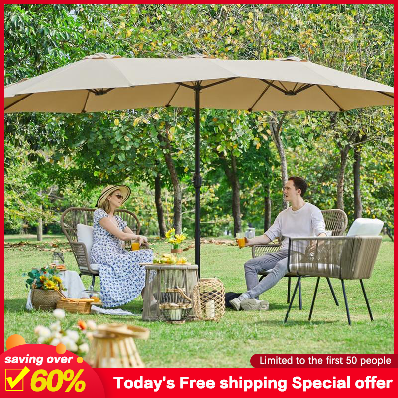 【No Lights】 Yaheetech 15/13ft Large Patio Umbrella Double-Layer Cloth with 12 Ribs, Hand Crank for Easy Opening, 2 Sandbags, Outdoor Design for Garden, Pool, and Lawn