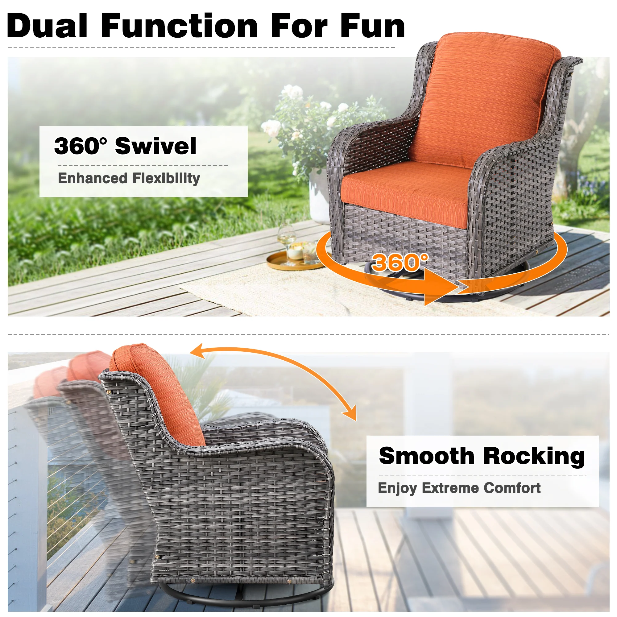 Ovios Patio Furniture Set 3-Piece with Swivel Chairs and Side Table Kenard