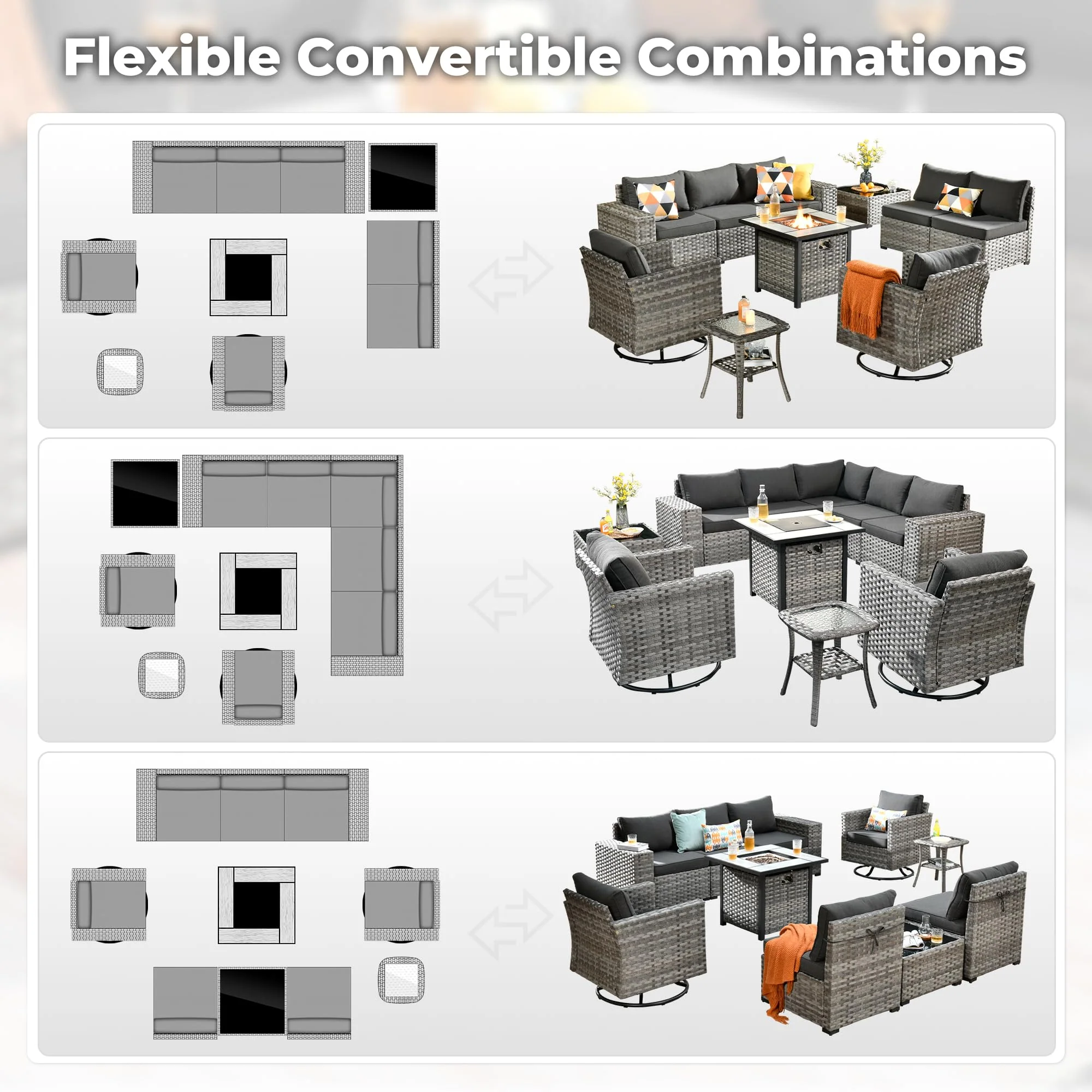 Ovios 10 Pieces Patio Furniture with 7.68'' Handrails and 30'' Fire Pit Table Rocking Chair