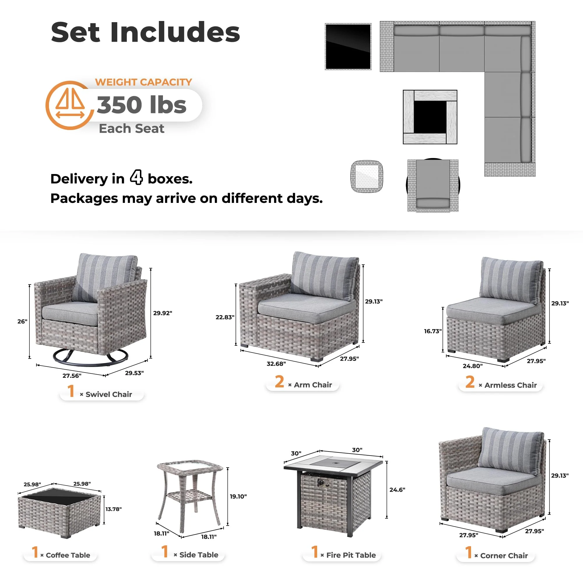 Ovios 9 Pieces Patio Furniture Set, Outdoor Sectional Sofa with Swivel Rocking Chair, 30