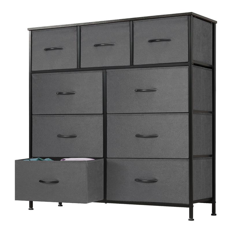 Fabric Storage Tower with 9 Drawers, Bedroom Drawer Dresser Organizer, Chest of Drawers with Fabric Bins, Steel Frame and Wood Top