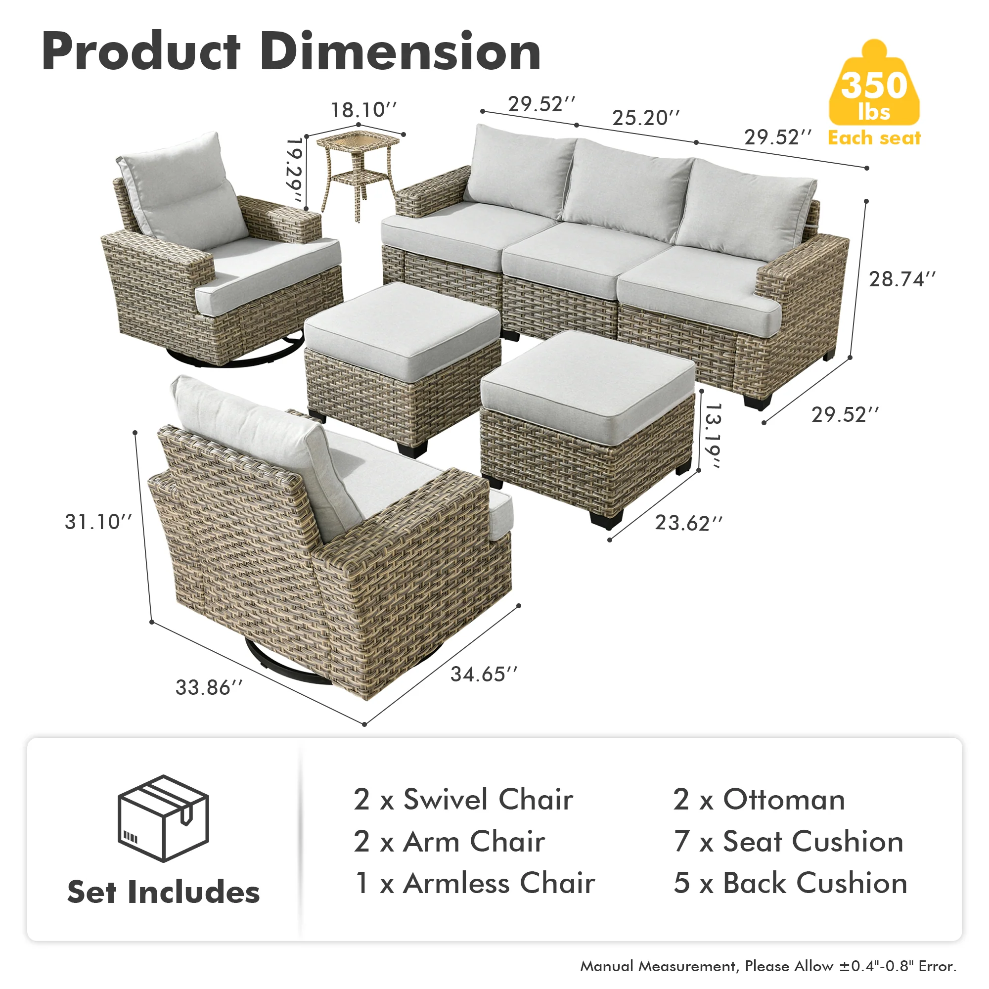 TBS Series - Sectional Patio Furniture Set 8-Piece, Included Swivel Chair