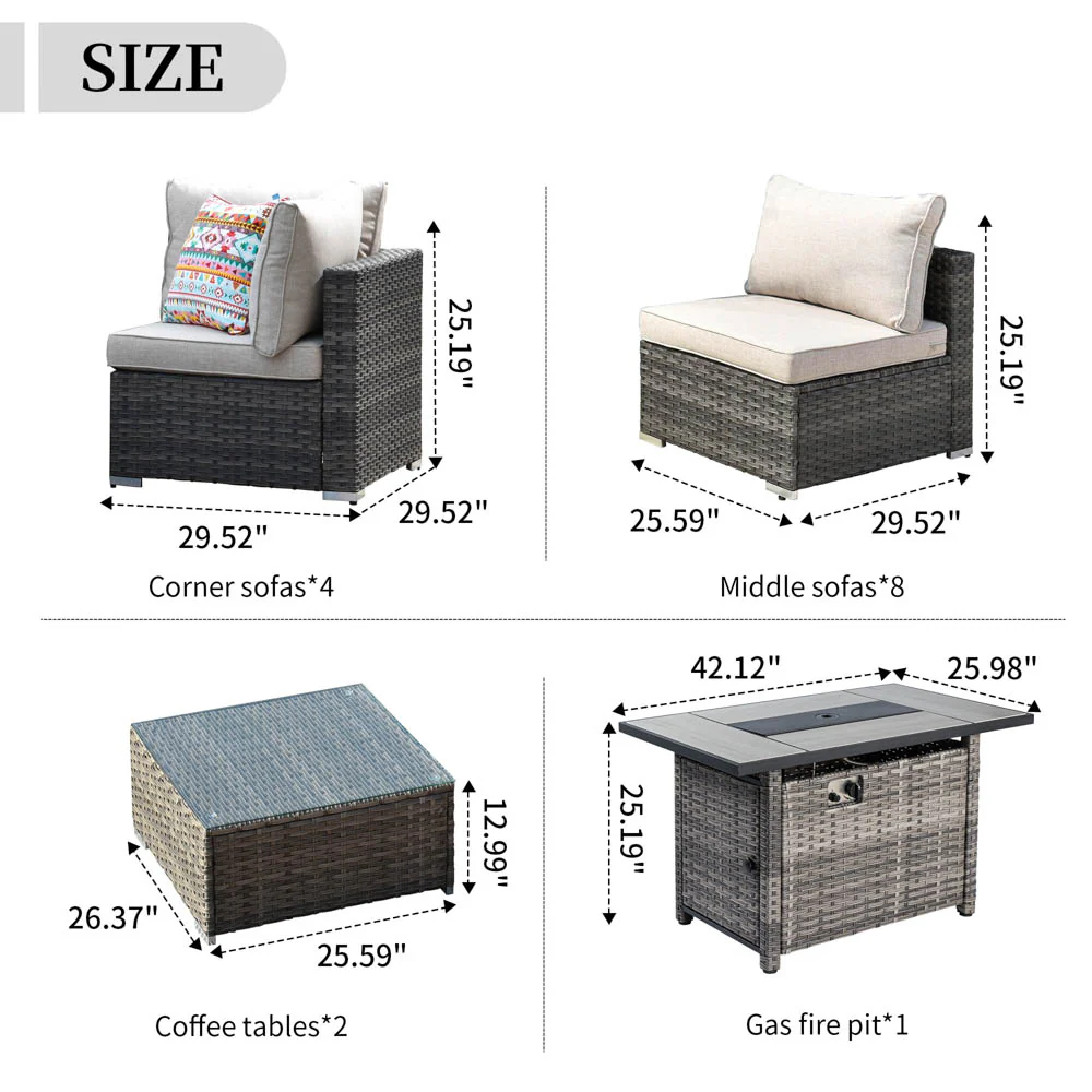 Ovios Patio Furniture Set 15-Piece with 42.12'' Fire Pit and Glass Table