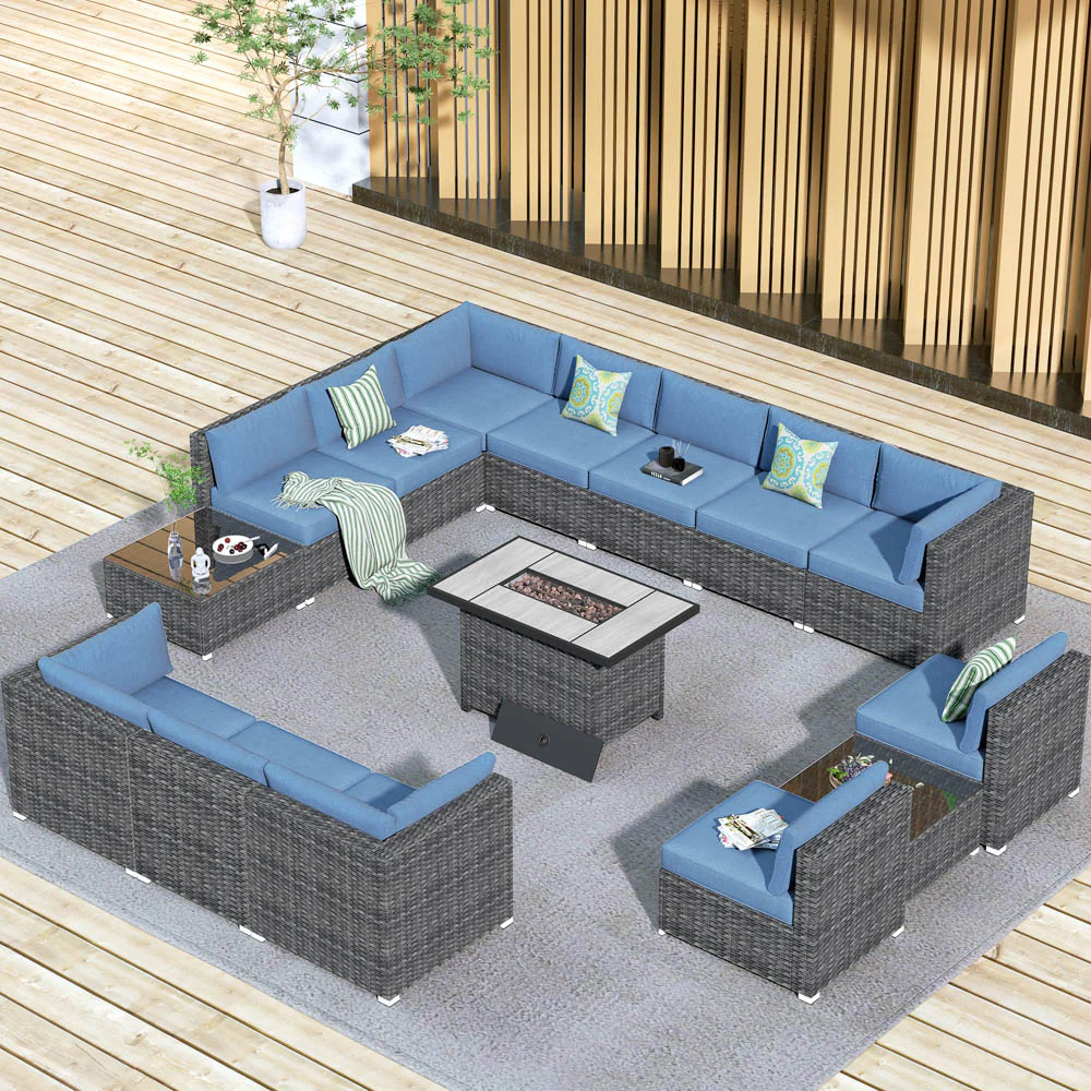 Ovios Patio Furniture Set 15-Piece with 42.12'' Fire Pit and Glass Table