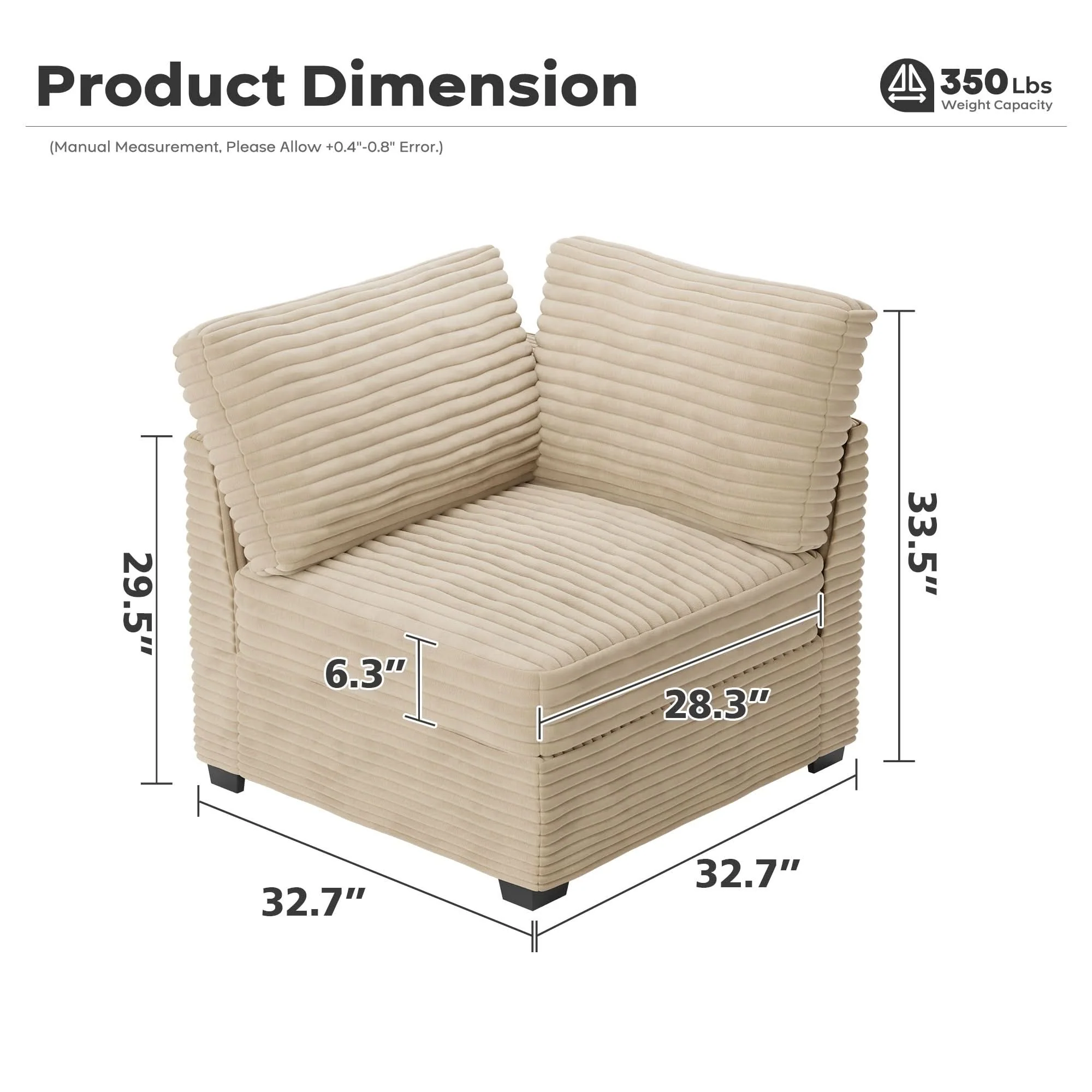 Ovios Living Room Modular Couch Corner Chair, 1 Wale Plush Corduroy Fabric