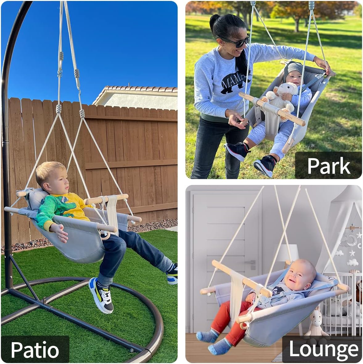 Baby Swing for Baby and Toddler, Canvas Baby Hammock Swing Indoor and Outdoor with Safety Belt and Mounting Hardware, Wooden Hanging Swing Seat Chair for Baby up to 4 Year - Little Cloud