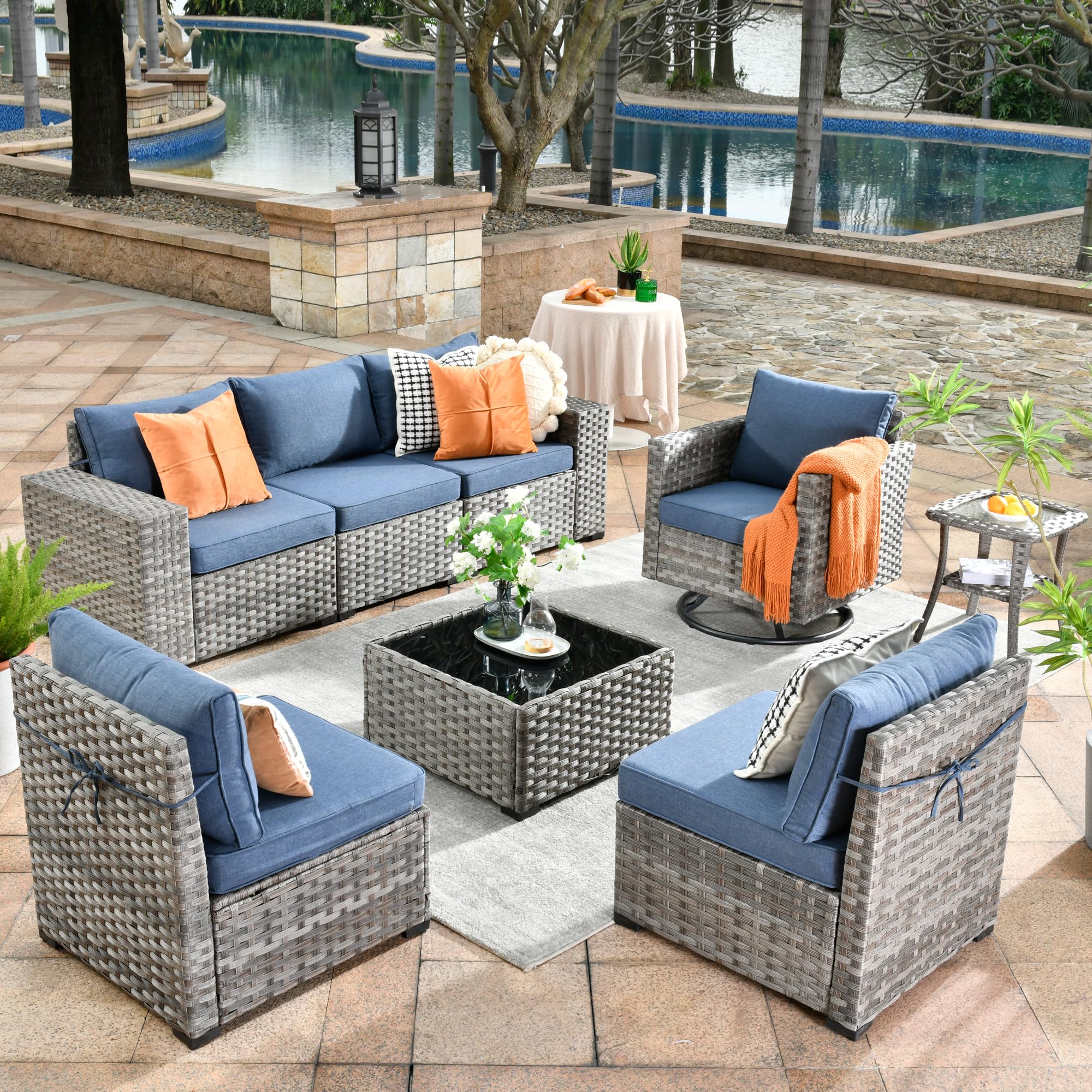 Ovios 8 Pieces Patio Furniture Set, Outdoor Sectional Sofa with Swivel Rocking Chair