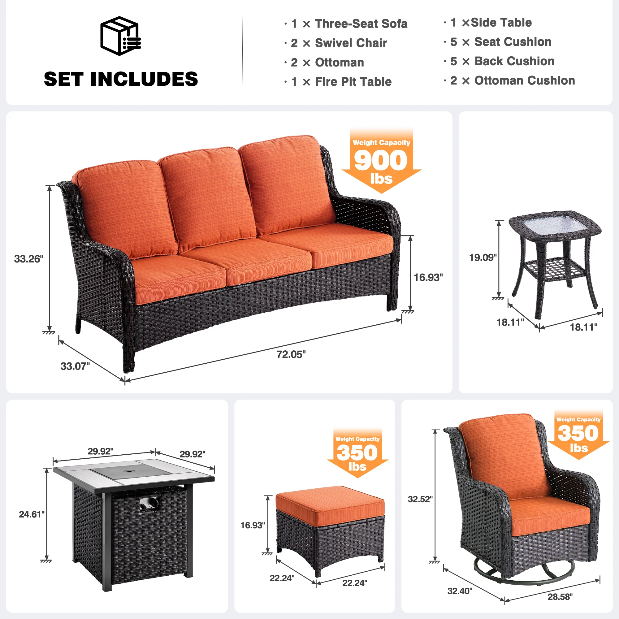 Ovios Outdoor Furniture 7-Piece with 30'' Fire Pit Table and Kenard 2 Rocking Chairs