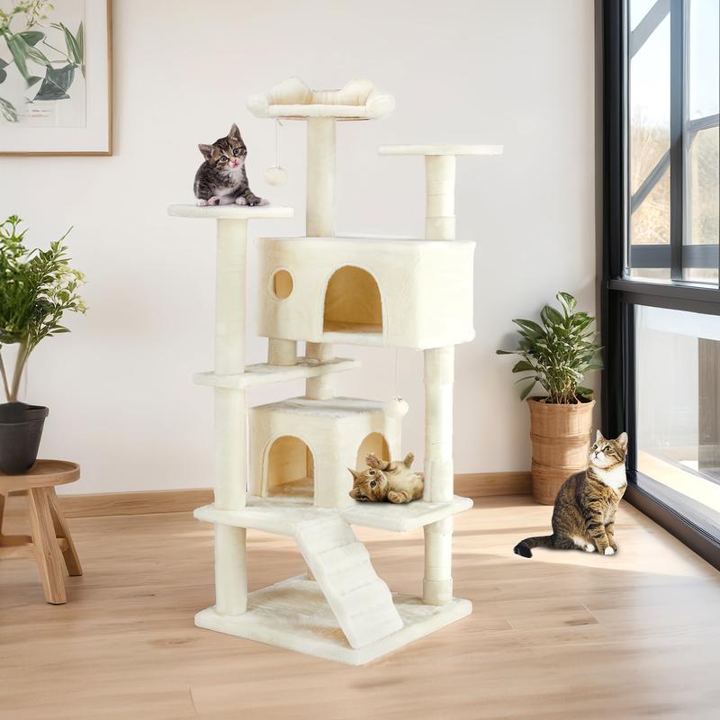 PetTrove Cat Tree Tower for Indoor Cats, 54in Tall Multi-Level Pet Furniture, Stable Kitty Play House with Sisal Scratching Post, Large Condo, Climbing Ladder, Plush Toy for Kitten cat treehouse