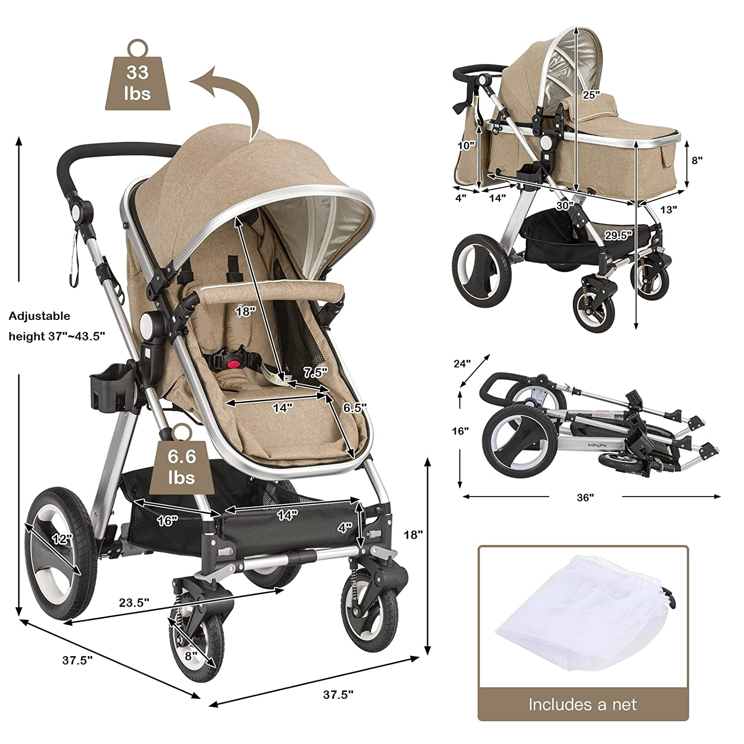 Baby Stroller, 2-in-1 Convertible Bassinet Reclining Stroller, Foldable Pram Carriage with 5-Point Harness, Including Cup Holder, Foot Cover, Diaper Bag, Aluminum Structure, Khaki