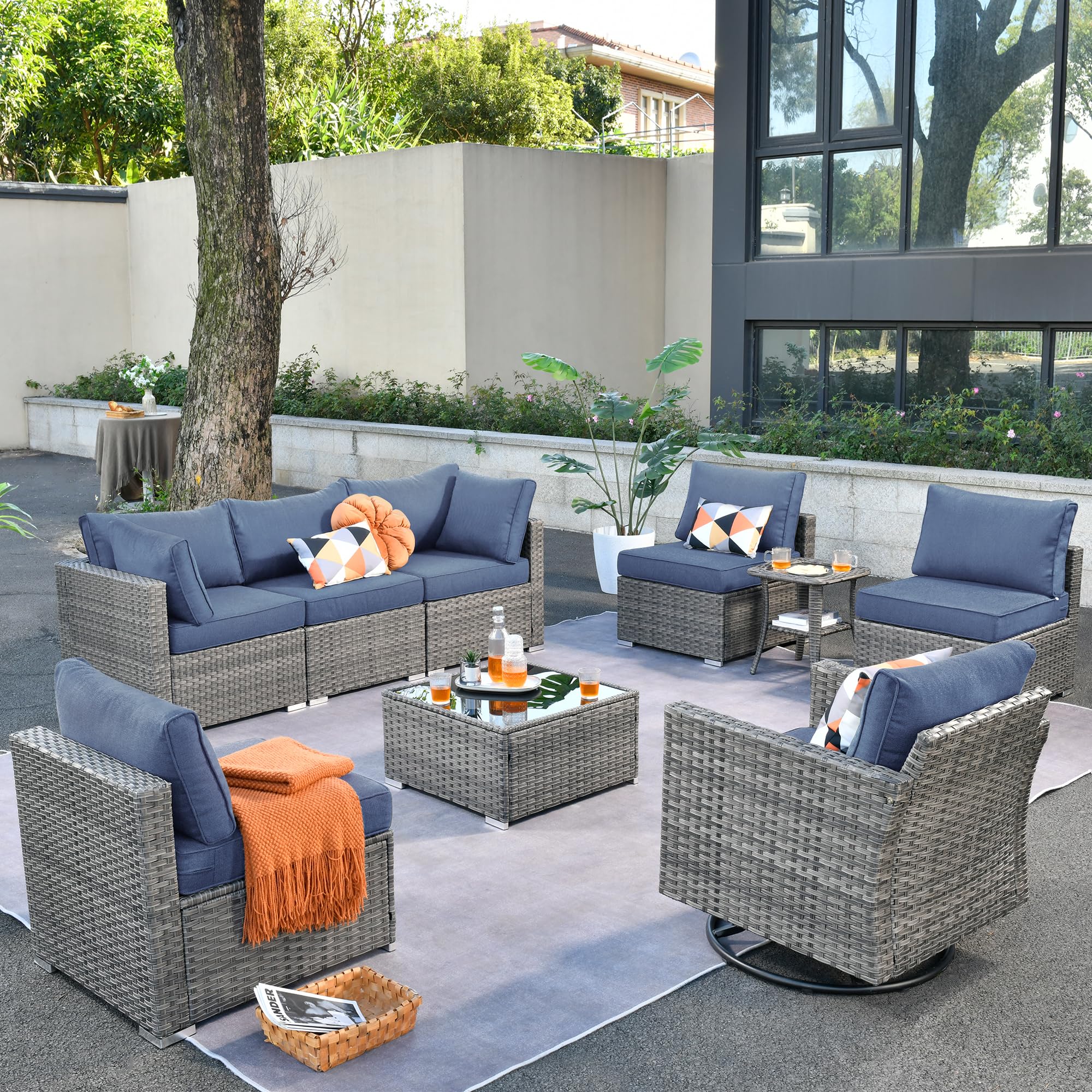 Ovios Outdoor 9 Piece Coversation Set with Swivel Rocking Chair,Sectional Patio Furniture Set with All-Weather Wicker Sofa