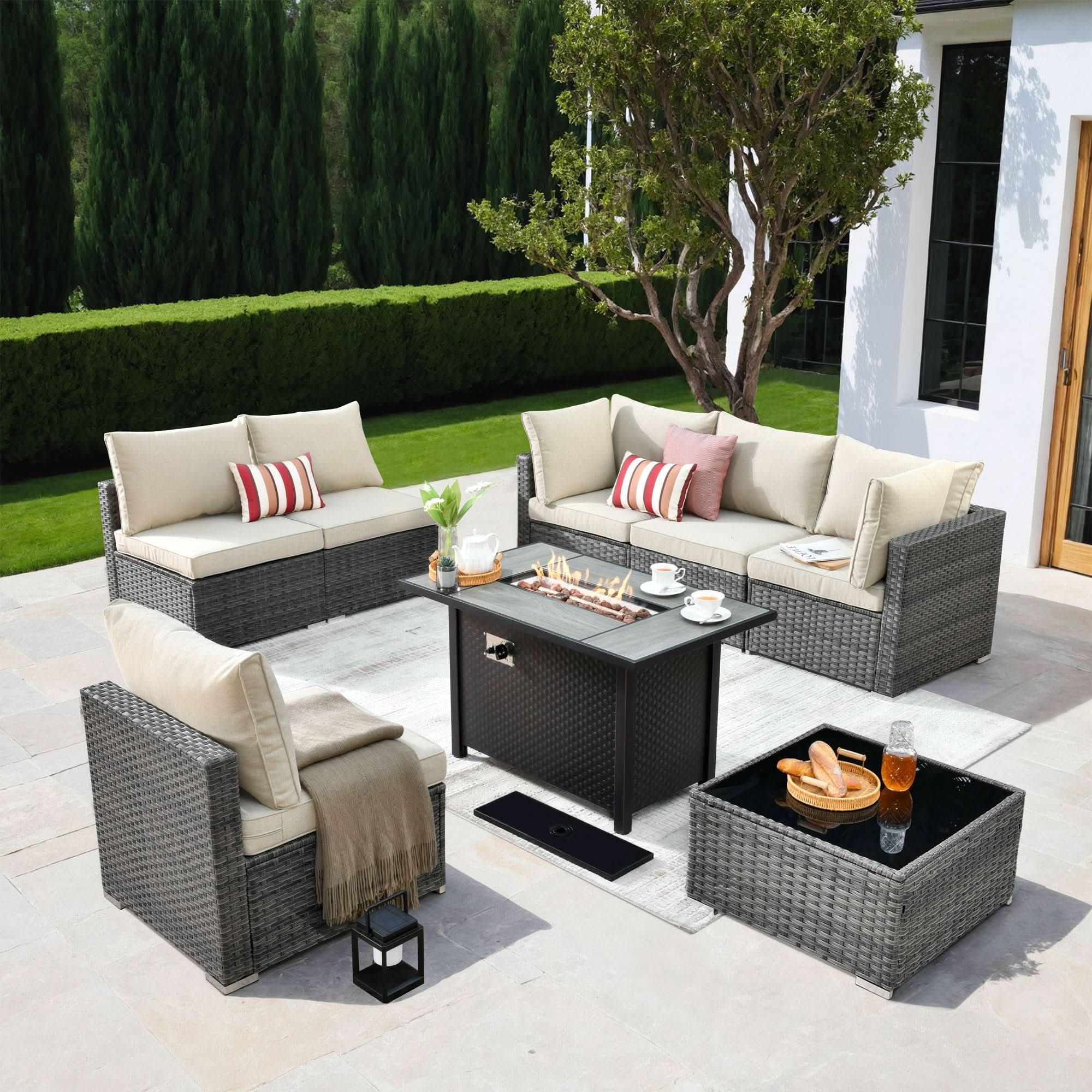 Ovios Outdoor 8 Piece Patio Furniture Set with Fire Pit Table,Conversation Sectional Wicker Couch with Coffee Table
