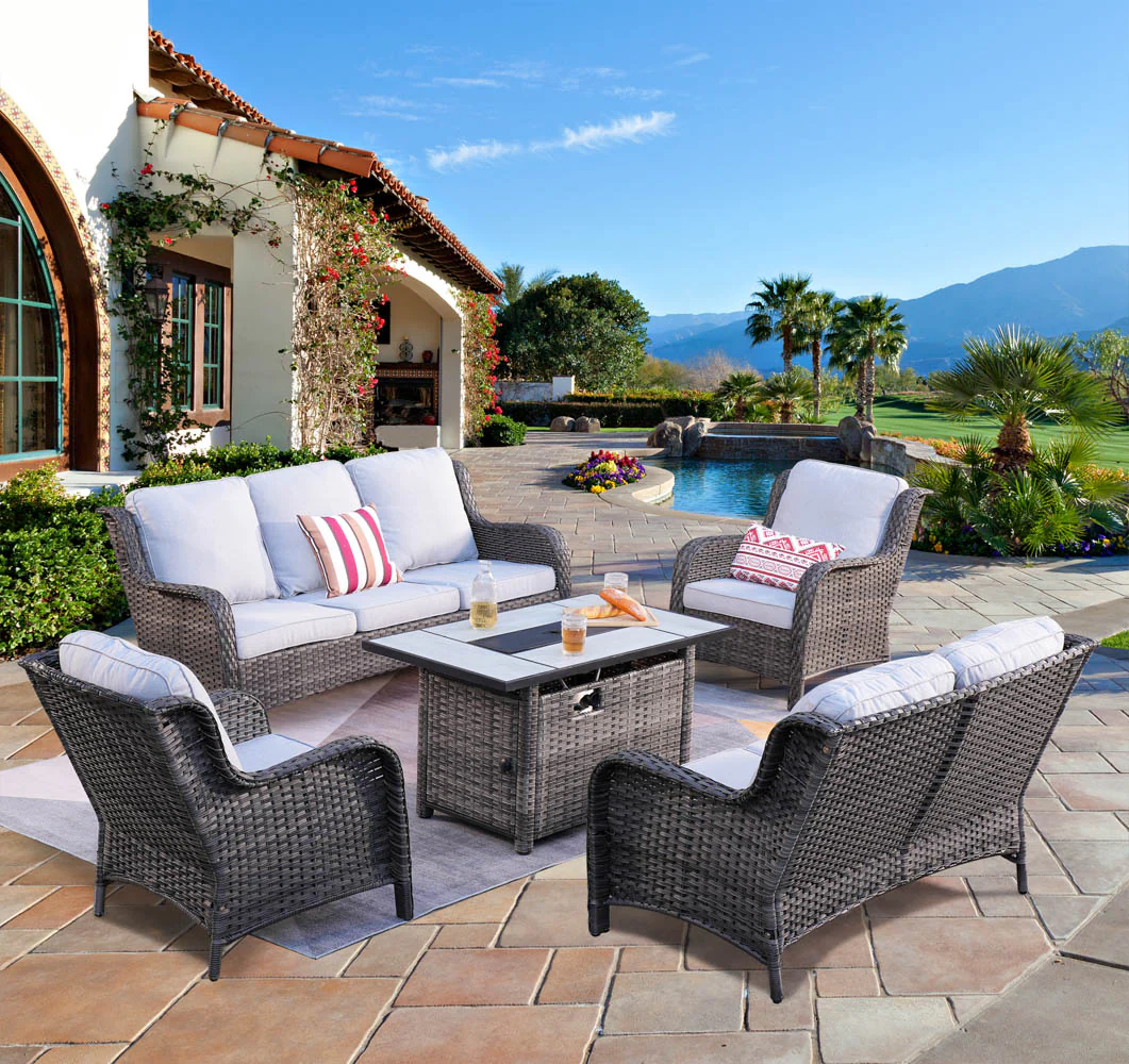 Ovios Patio Kenard 5-Piece Conversation Set with 42'' Fire Pit Table and Loveseat
