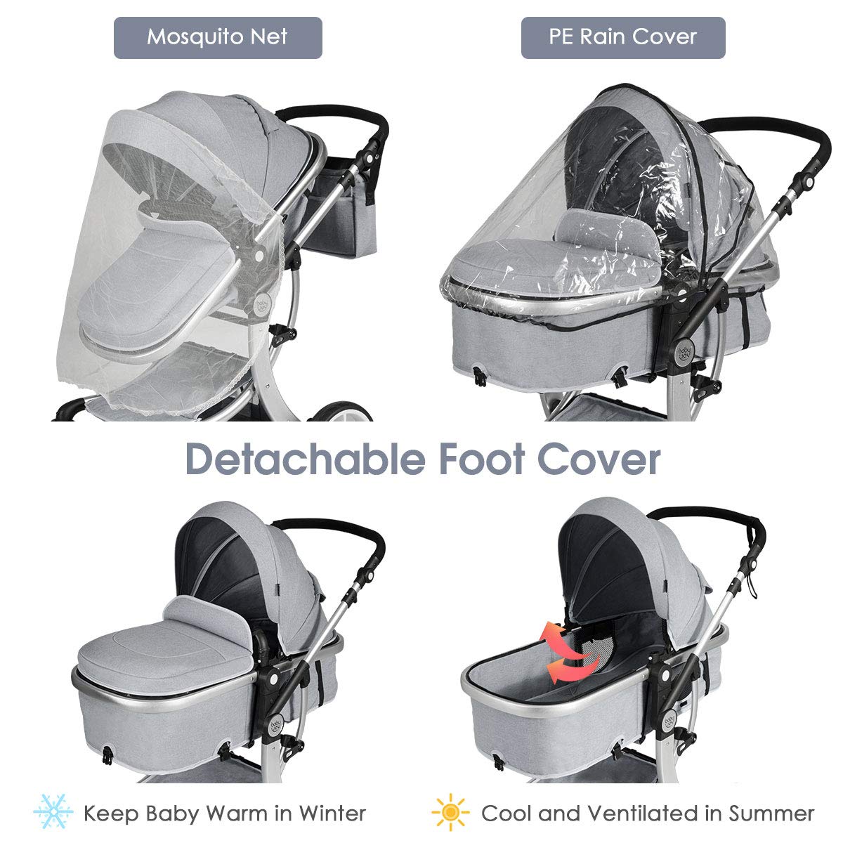 Baby Stroller, High Landscape Convertible Infant Bassinet Stroller, Adjustable Canopy & Backrest, Storage Basket, Foot Cover, Foldable Newborn Carriage Pram Stroller (Gray)