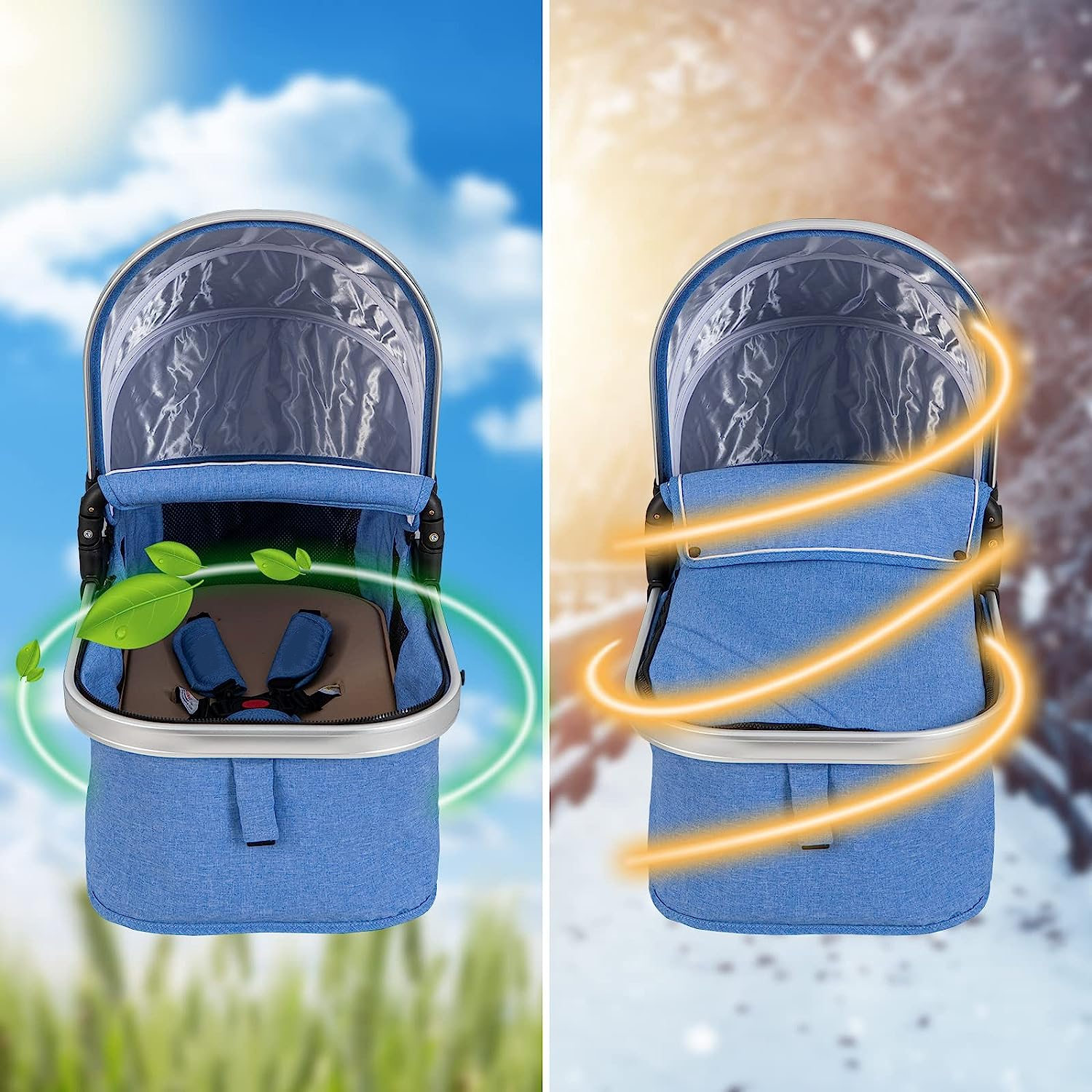 Baby Stroller, 2-in-1 Convertible Bassinet Reclining Stroller, Foldable Pram Carriage with 5-Point Harness, Including Cup Holder, Foot Cover, Diaper Bag, Aluminum Structure, Khaki