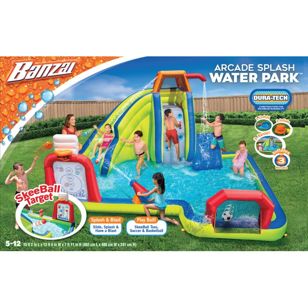 Banzai Inflatable Arcade Splash Water Park Slide with SkeeBall Toss, Soccer & Basketball