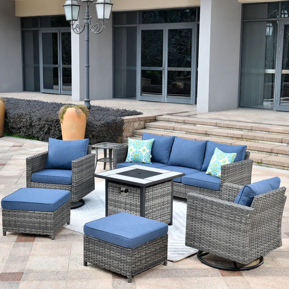 Ovios Patio Vultros 7-Piece Set with 2 Rocking chairs and 30'' Propane Fire Pit Table