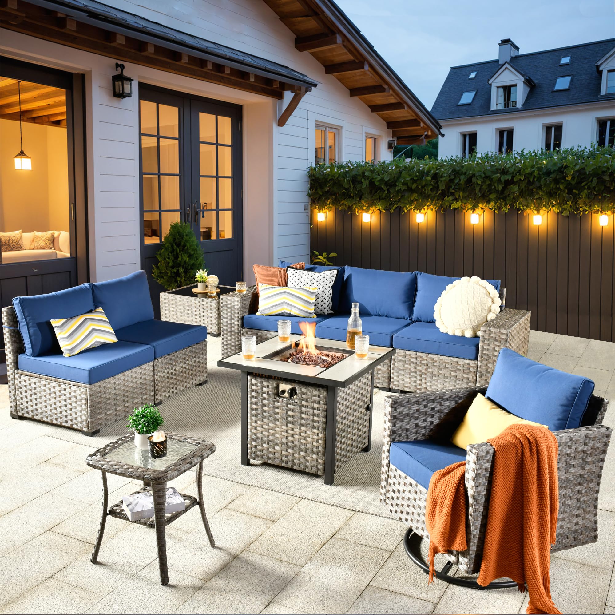 Ovios 9 Pieces Patio Furniture Set, Outdoor Sectional Sofa with Swivel Rocking Chair, 30