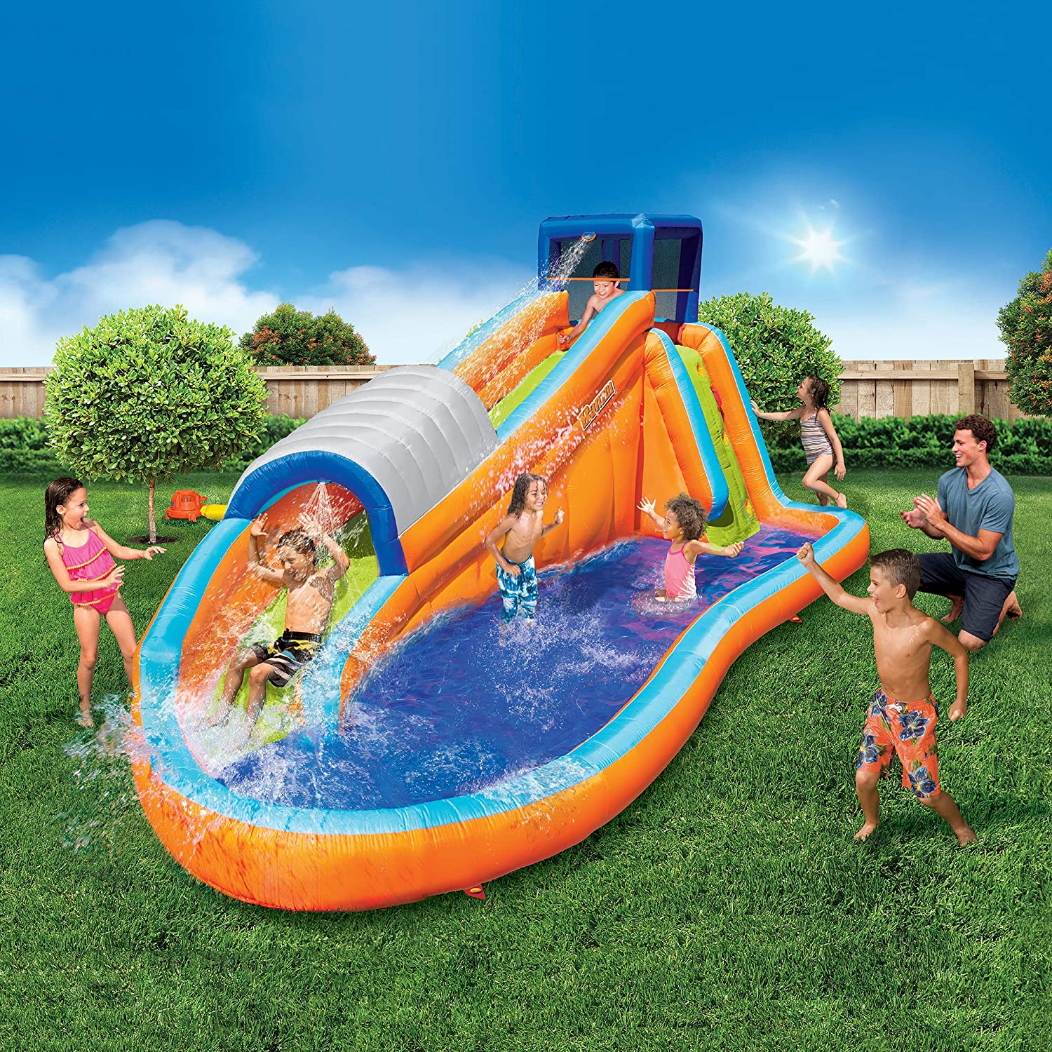 Banzai Surf Rider Kids Inflatable Outdoor Backyard Aqua Water Slide Splash Park with Climbing Wall, Tunnel Slide, and Lagoon Splash Pool for Ages 5-12