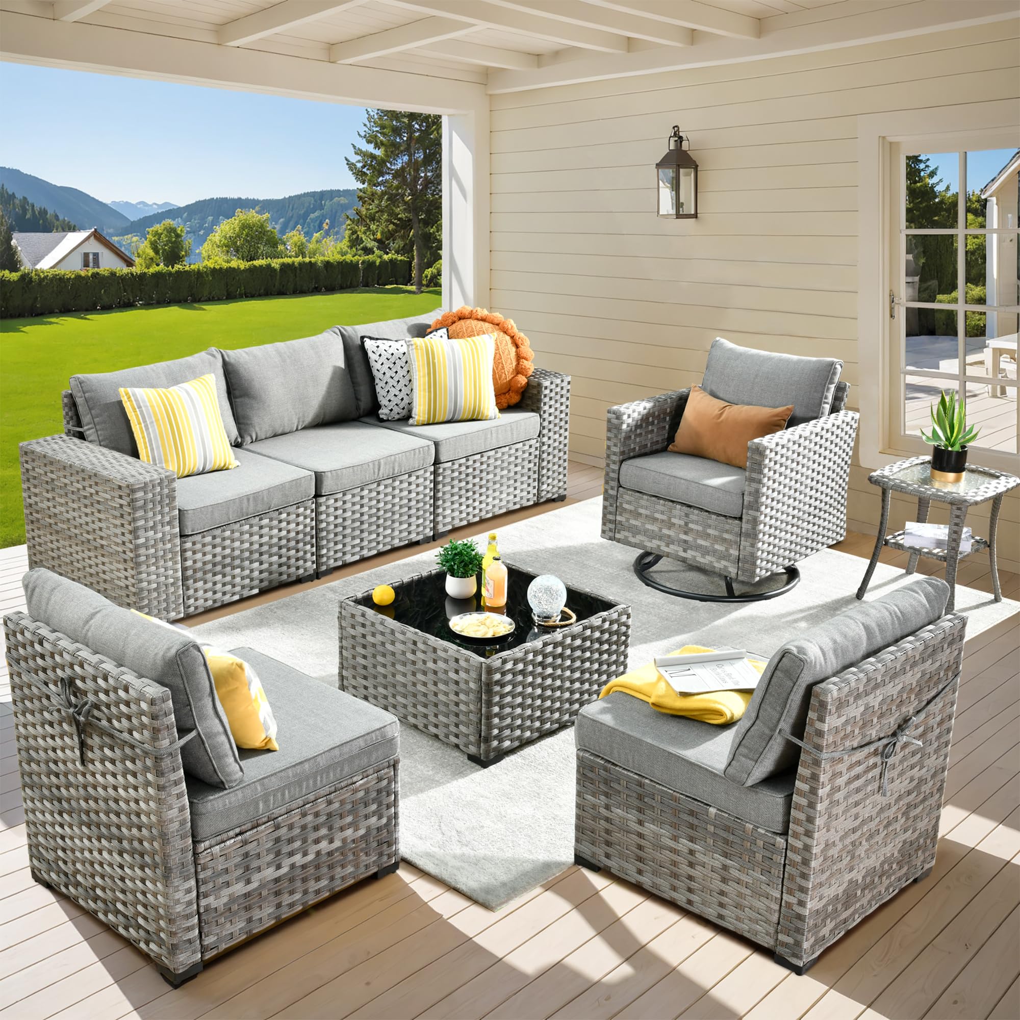 Ovios 8 Pieces Patio Furniture Set, Outdoor Sectional Sofa with Swivel Rocking Chair