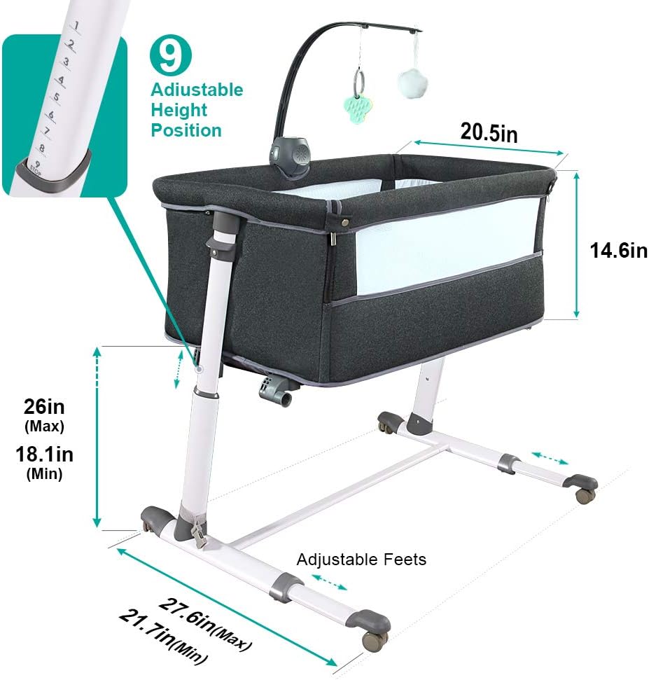 Bassinet,Bassinet for Baby,Bedside Crib,Baby Bassinets Bedside Sleeper for Newborn Infant| Built-in Wheels, Dark Grey