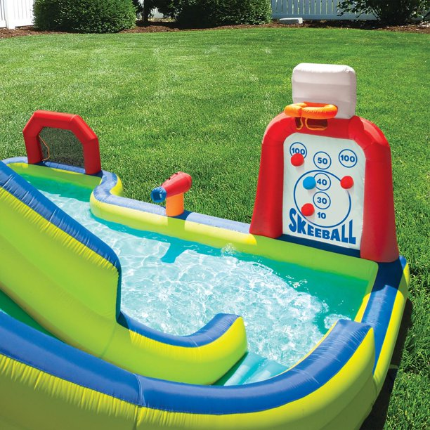 Banzai Inflatable Arcade Splash Water Park Slide with SkeeBall Toss, Soccer & Basketball