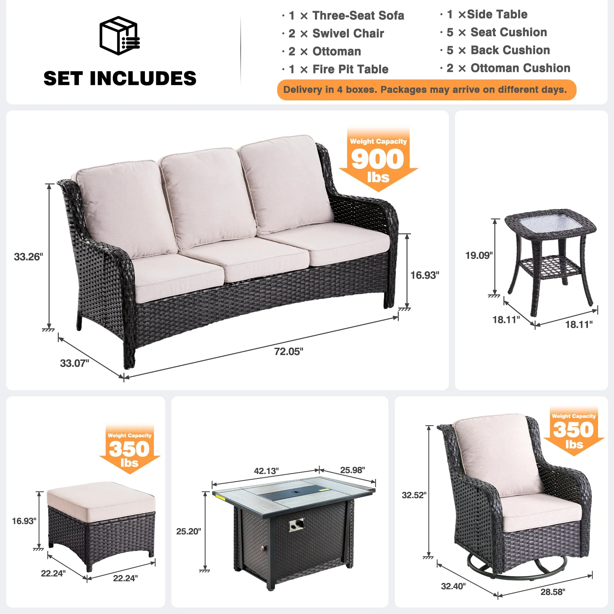 Ovios Outdoor Furniture 7-Piece with 42'' Fire Pit Table and Kenard 2 Rocking Chairs