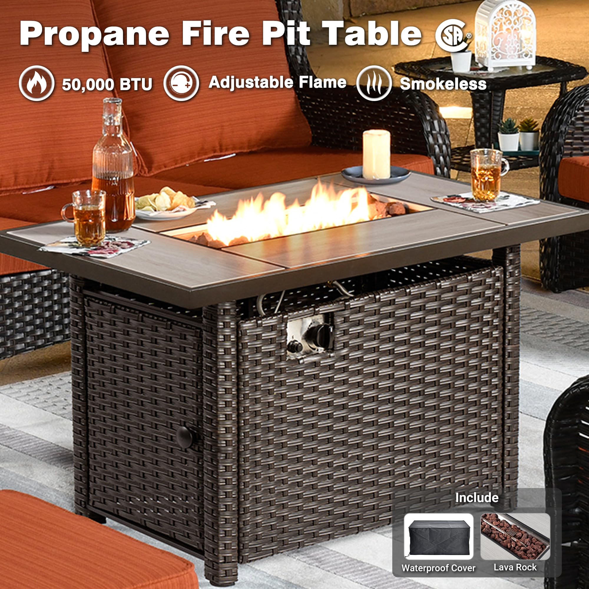 Ovios Patio 6-Piece Conversation Set with 42'' Rectangle Propane Fire Pit Table Kenard